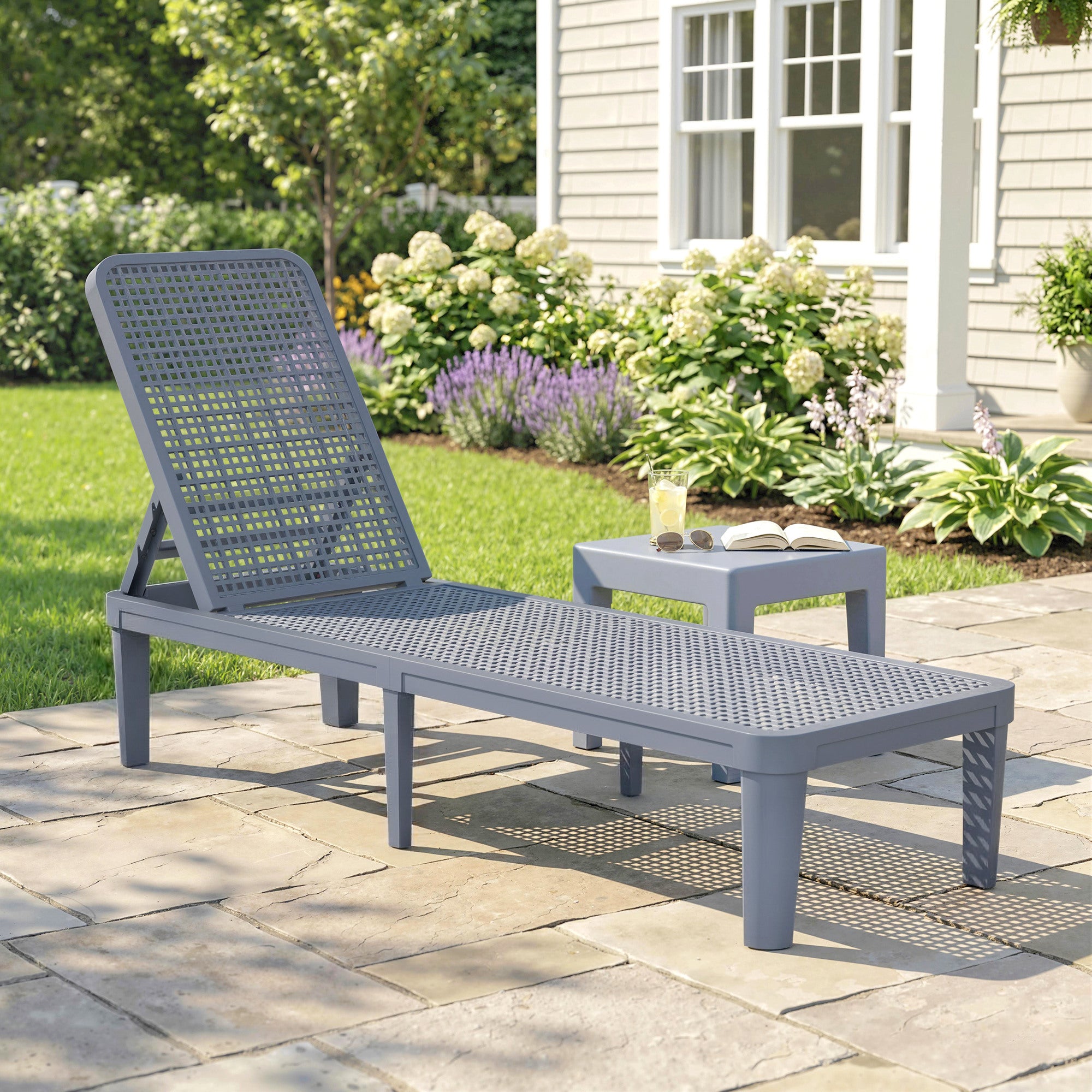Outsunny Plastic Sun Lounger, 4-Position Adjustable Reclining Garden Lounger Sunbed for Patio, Beach, Terrace, Dark Grey