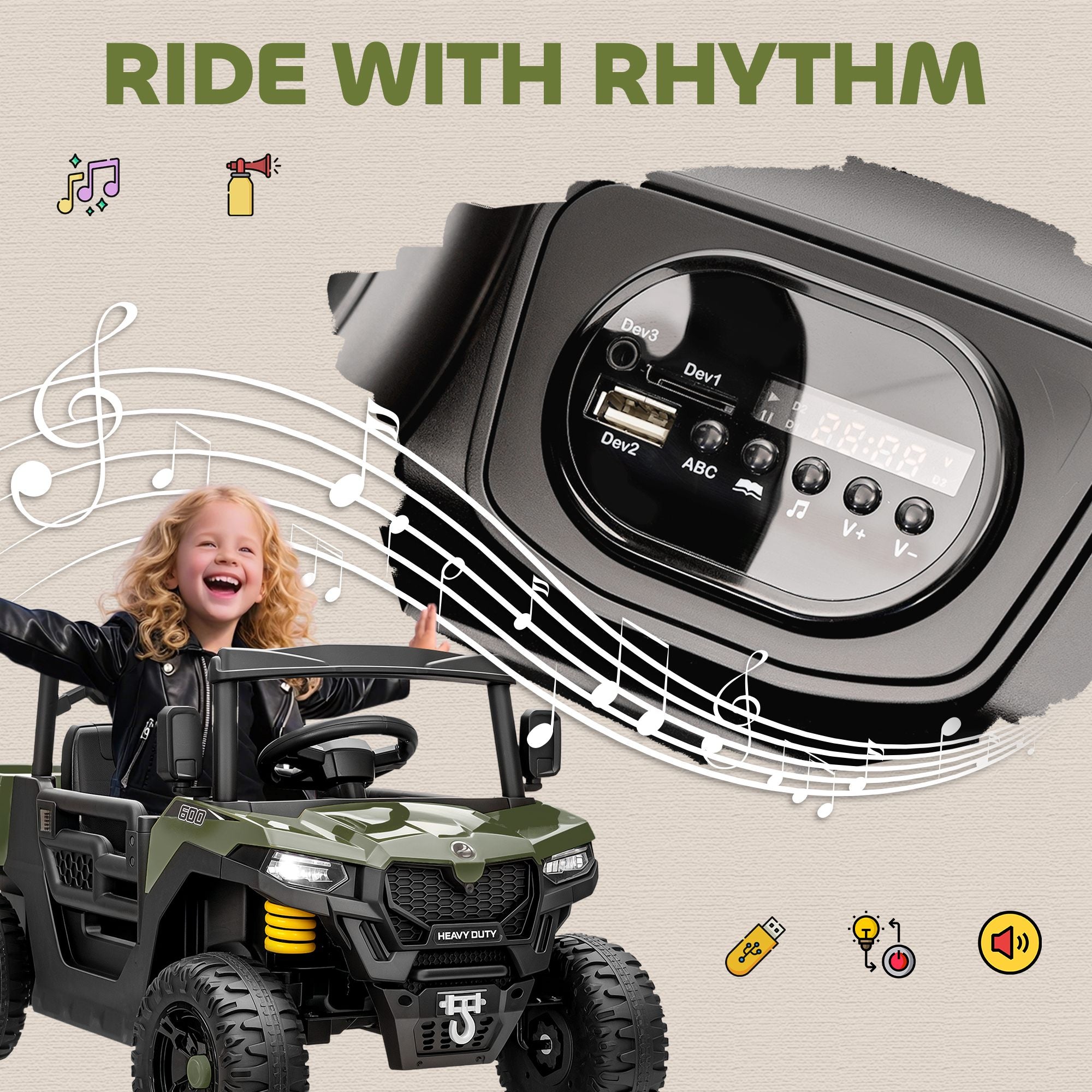 AIYAPLAY Kids Ride on Car, 12V Electric Kids UTV with Electric Dump Bed, 4-Wheel Suspension for 3-8 Years, Green
