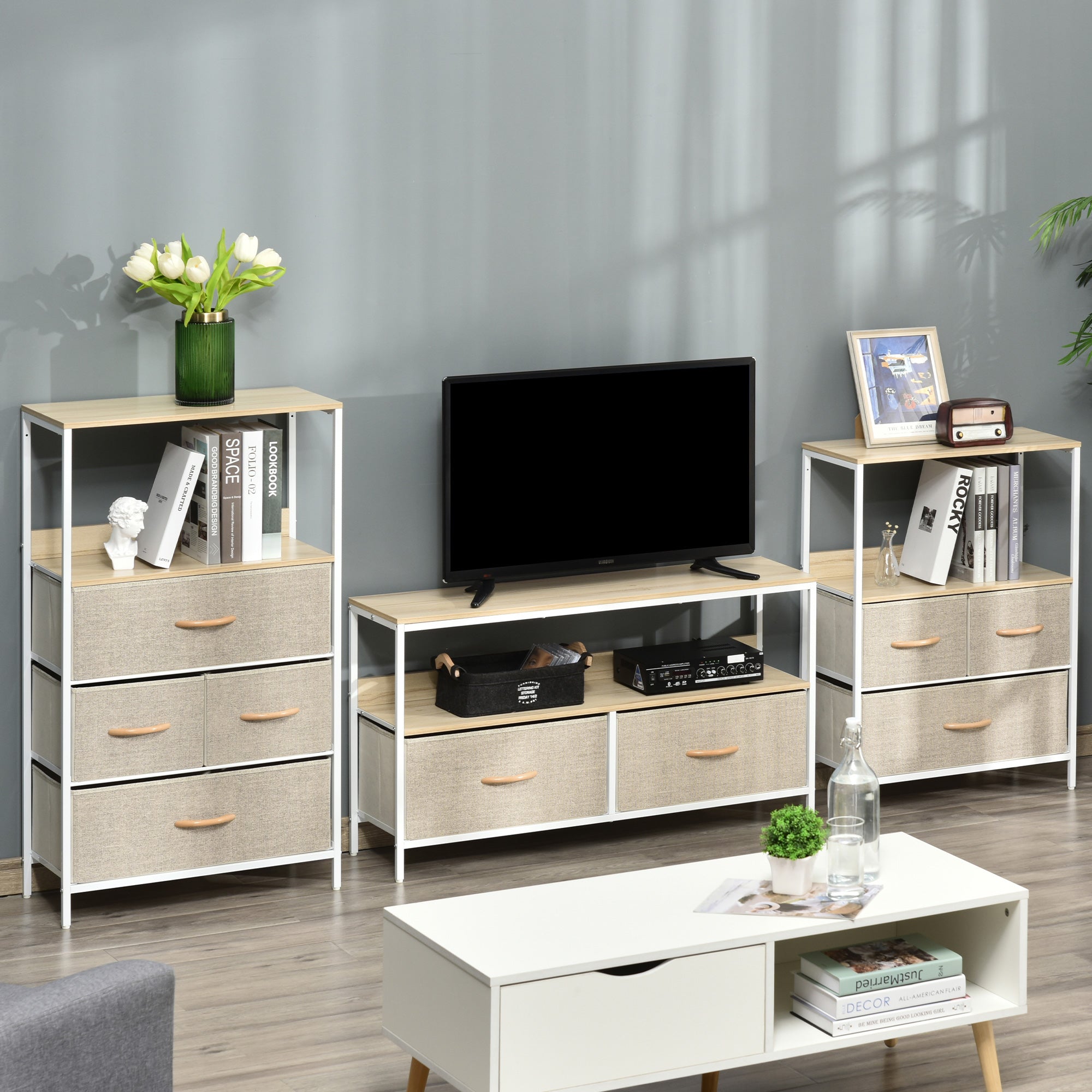 HOMCOM TV Stand Cabinet up to 47-inch, TV Unit with 2 Foldable Linen Drawers, Open Shelf for Living Room, Bedroom, Entertainment Room, Maple Wood Effect