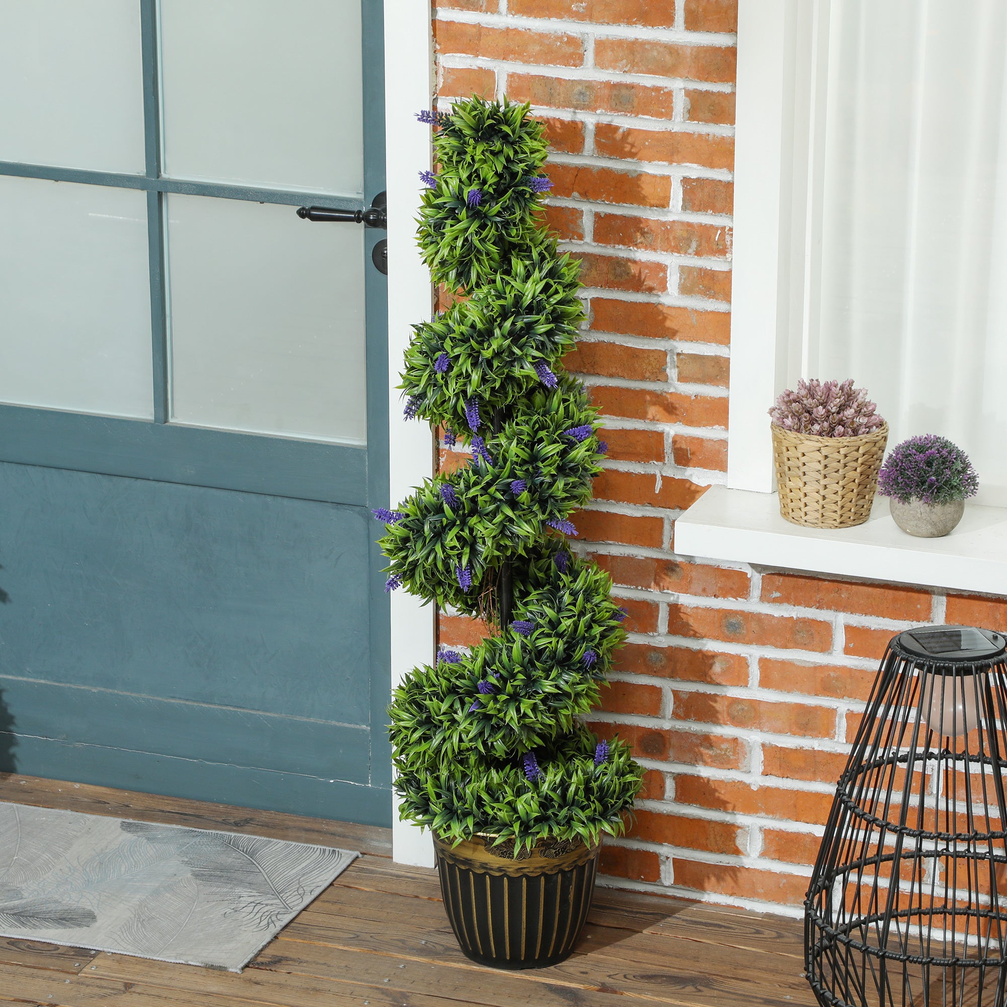 HOMCOM Set of 2 Decorative Artificial Plants, Boxwood Spiral Topiary Tree with Lavender and Pot, Fake Plants for Home Indoor Outdoor Decor, 115cm