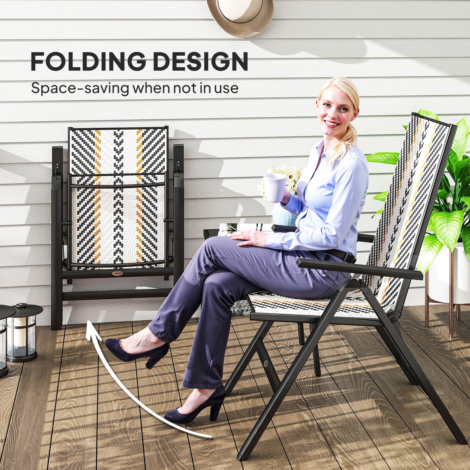 Outsunny Outdoor Rattan Folding Chair with 5-Position Adjustable Backrest, Wicker Garden Dining Chair with Wide Armrest, Set of 2 for Patio, Terrace, Balcony, Black