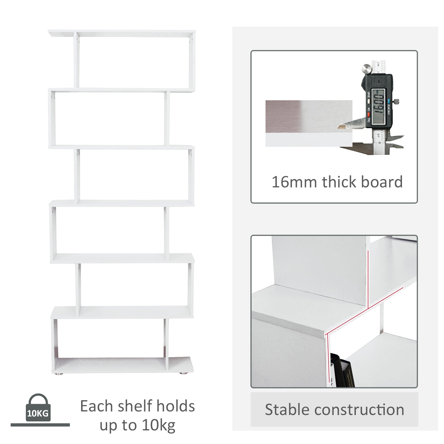 HOMCOM S Shape Wooden 6-tier Bookshelf Open Concept Bookcase Storage Display Unit for Home Office Living Room, White