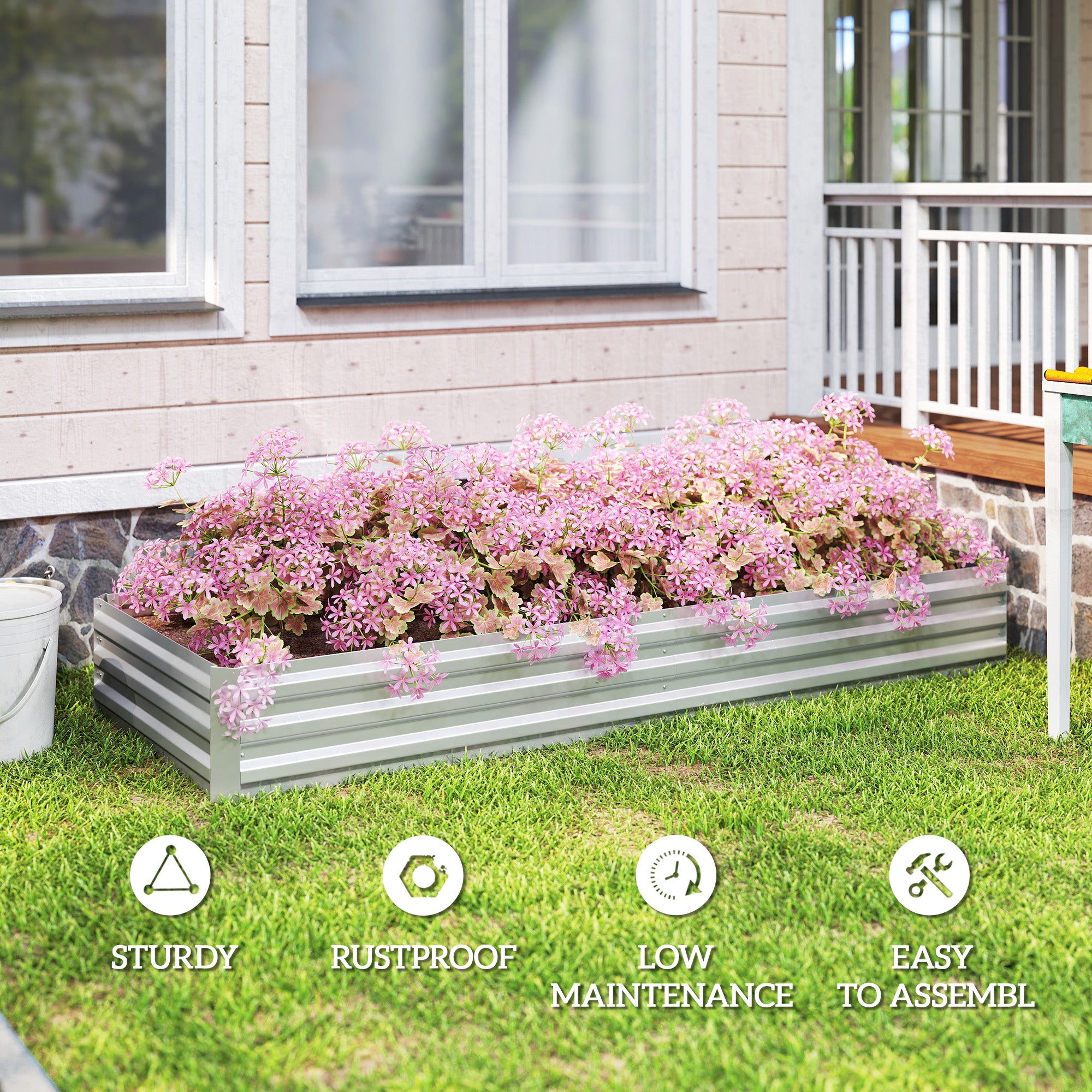 Outsunny Metal Raised Garden Bed Planter Box Outdoor Planters for Growing Flowers, Herbs, Green, Silver