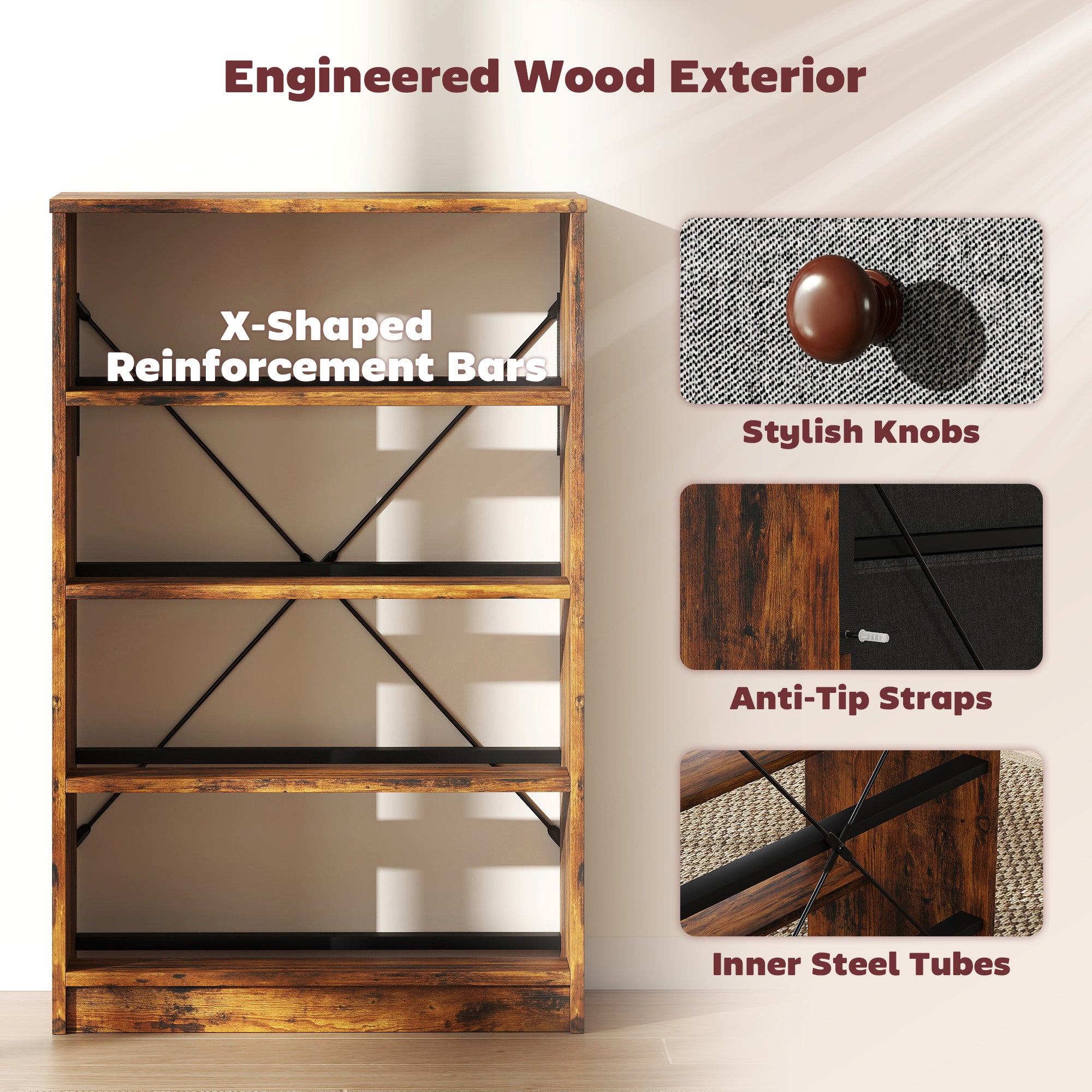 HOMCOM Chest of Drawers, Dresser with 4 Fabric Drawers - Grey and Rustic Brown