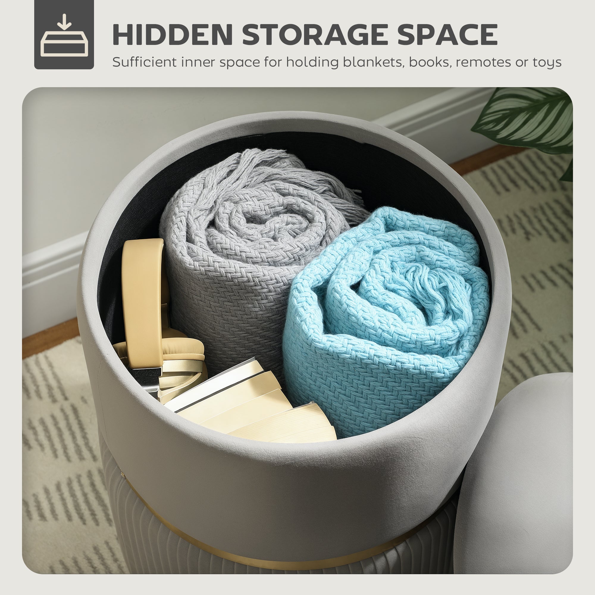 HOMCOM Velvet-Feel Storage Ottoman - Light Grey