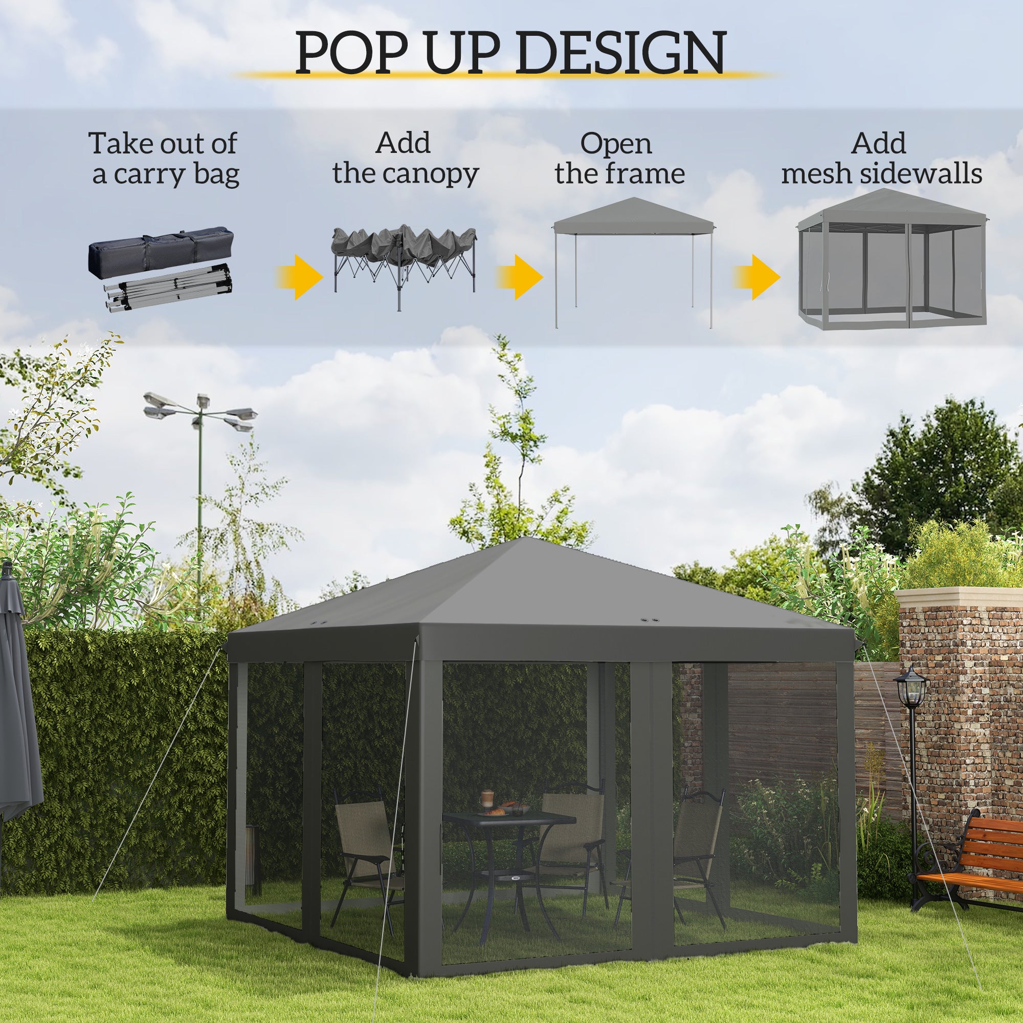 Outsunny 3 x 3\'c2\'a0m Pop Up Gazebo, 420D Garden Tent Canopy with Removable Mesh Sidewall Netting, Carry Bag for Garden Patio Outdoor, Light Grey