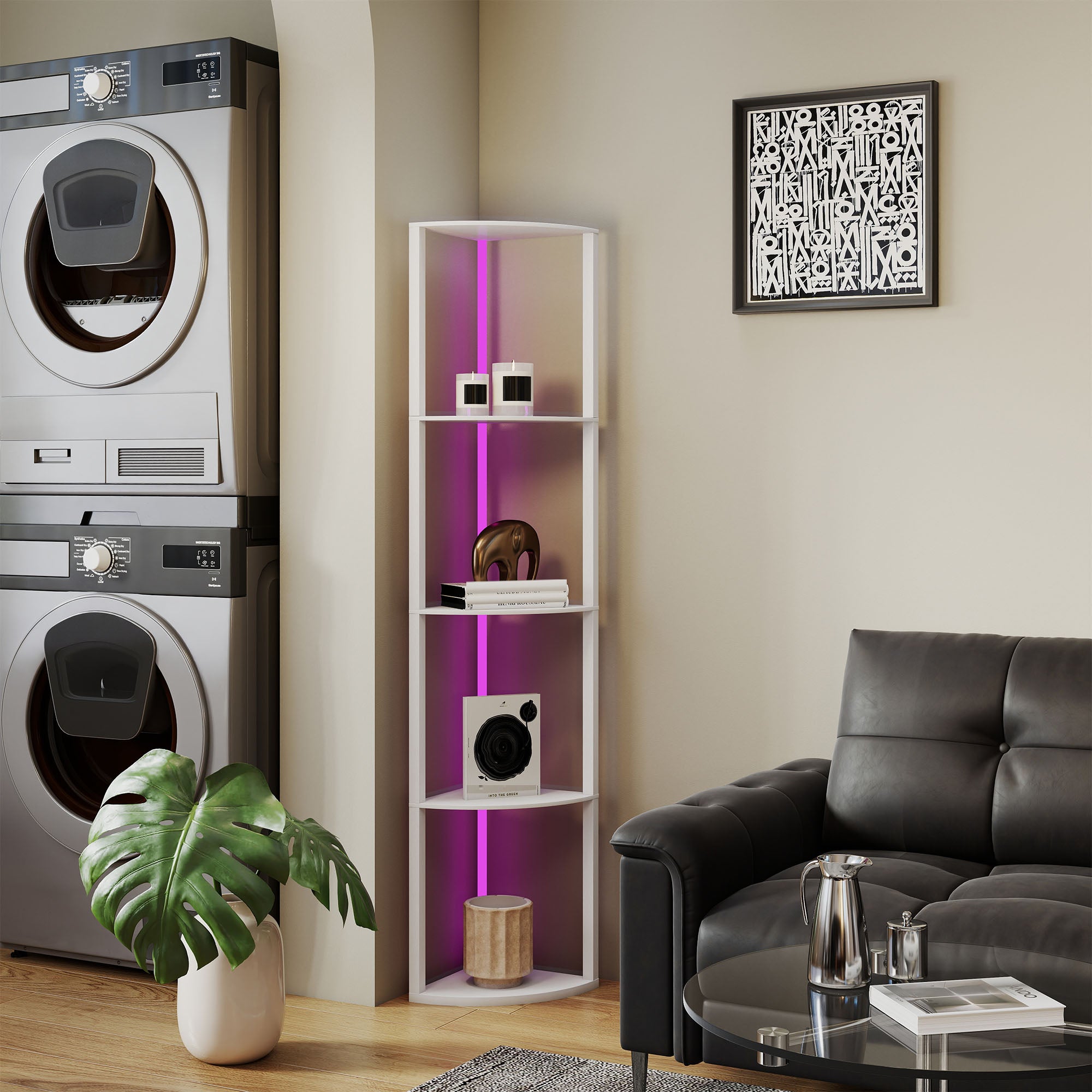 HOMCOM RGB LED Floor Lamp with Shelves, 5-Tier Dimmable Standing Lamp with Adjustable Brightness and Remote Control, Modern Corner Display Shelf Unit for Living Room Bedroom Office, White