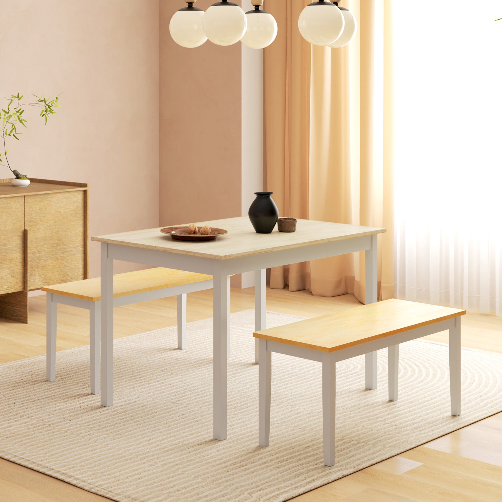 HOMCOM Dining Table and Bench Set, Farmhouse Kitchen Table and Bench with Wooden Frame for Living Room, Dining Room, Natural and White