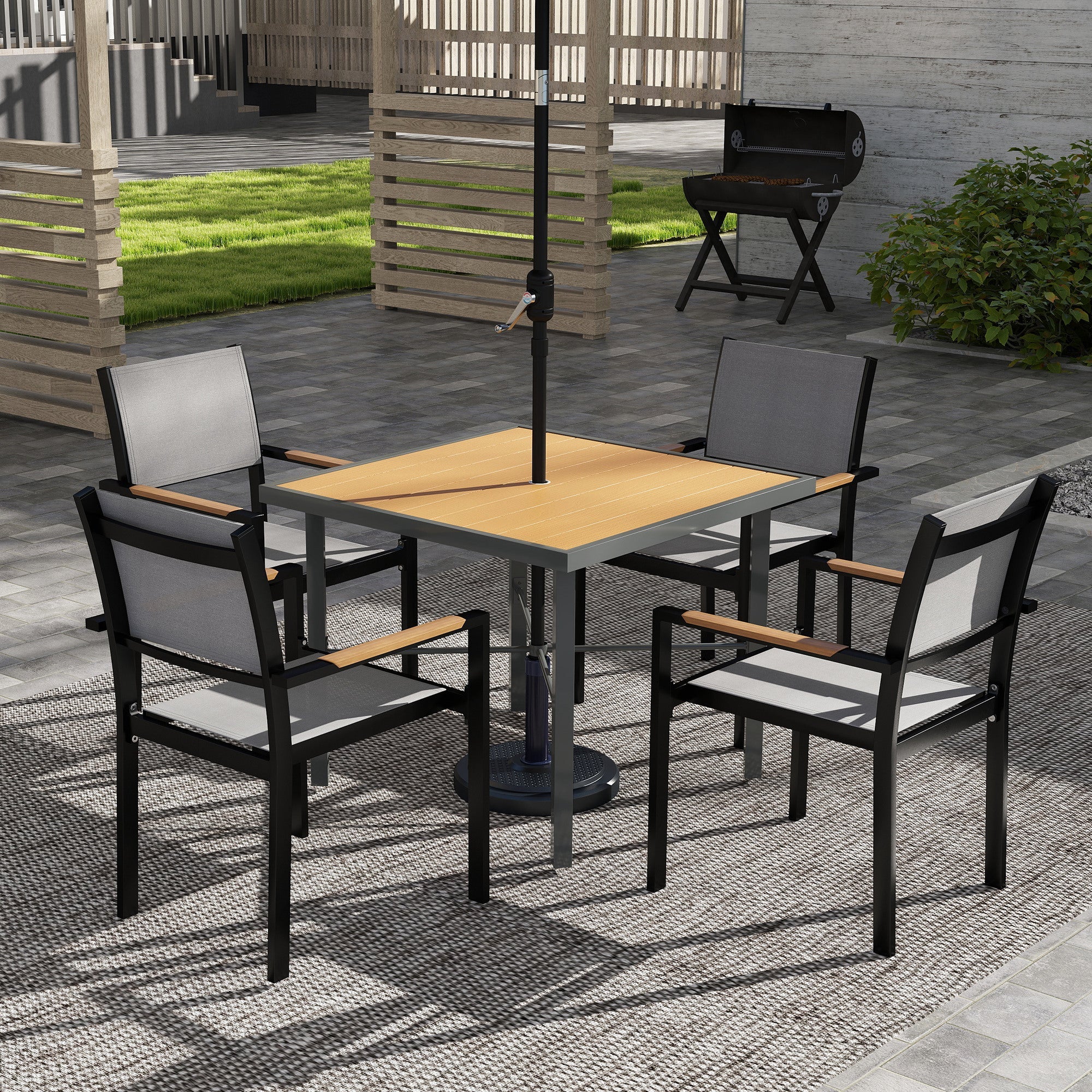 Outsunny Garden Table, 90cm Square Outdoor Patio Dining Table with 4.2 cm Umbrella Hole, Metal Frame, Wood Effect Top, for Terrace, Balcony, Natural Wood Finish