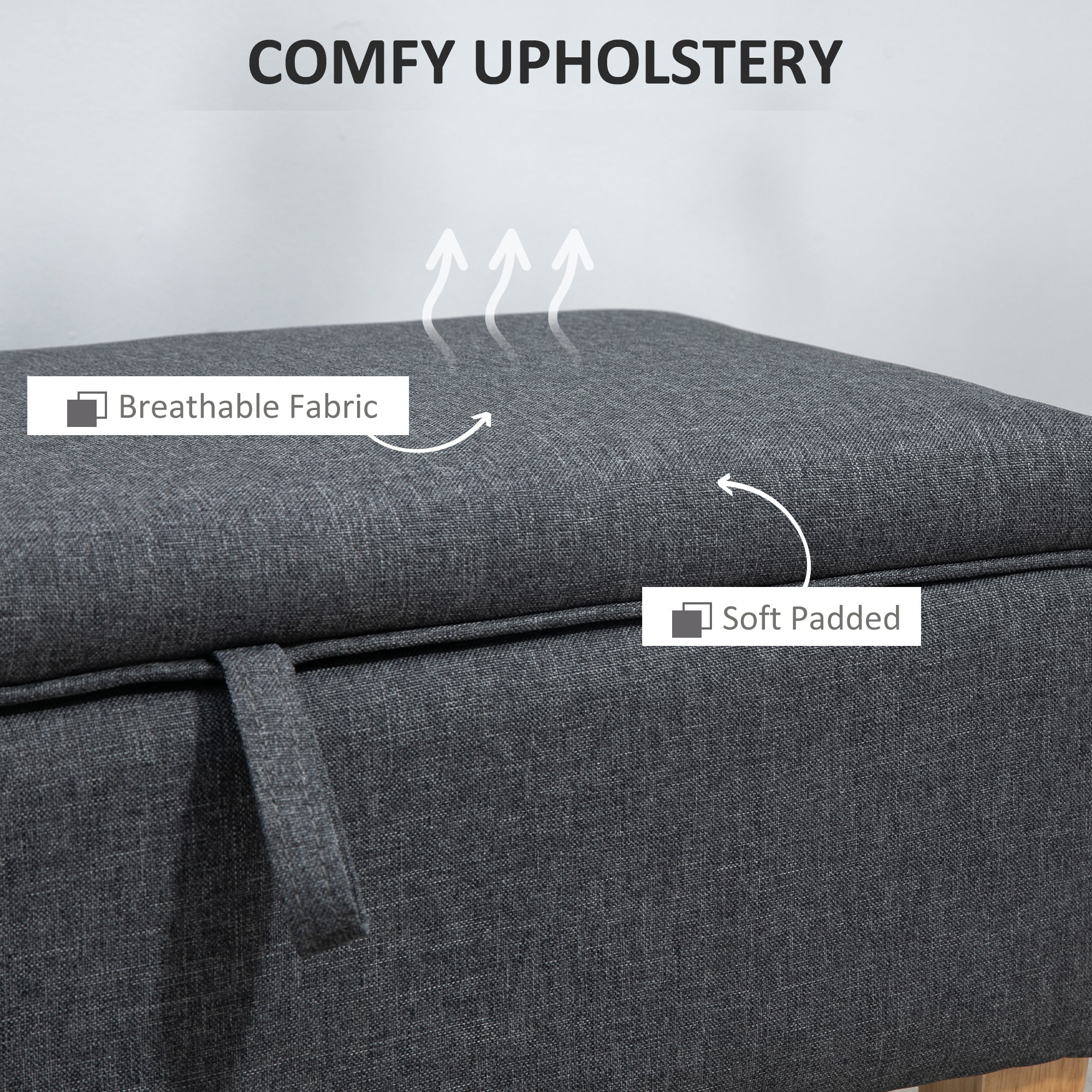 HOMCOM Linen Storage Ottoman Padded Footstool with Rubberwood Legs for Storage Box, Bed End, Shoe Bench, Seating, Dark Grey