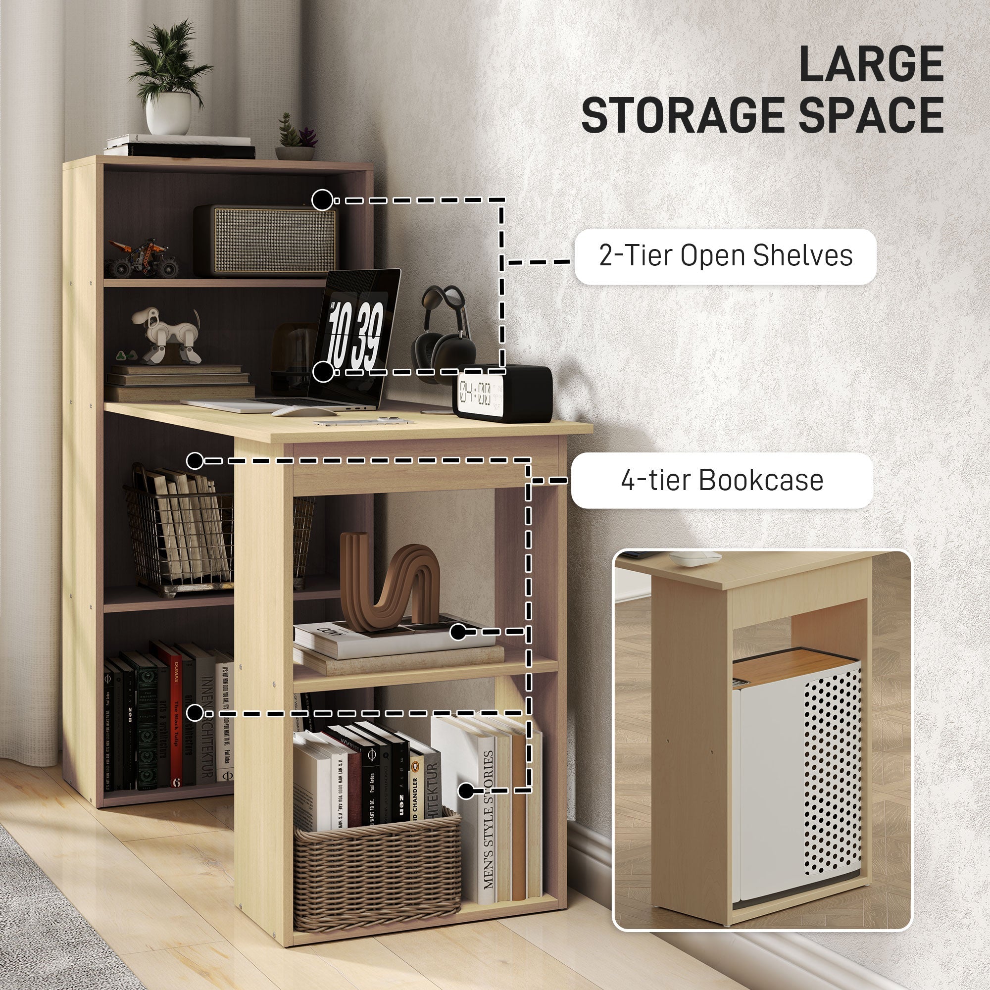 HOMCOM 120cm Modern Computer Desk Bookshelf Study Table Workstation PC Laptop Writing Home Office 6 Shelves, Natural Wood Finish