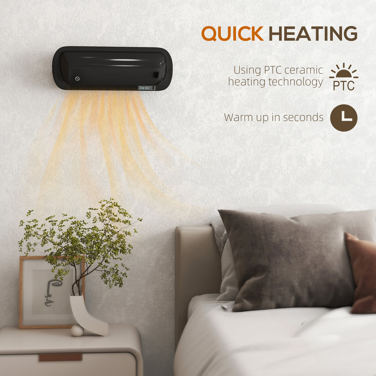HOMCOM 2000W PTC Ceramic Fan Heater, Wall Mounted, 30° Oscillation, 50L x 19W x 14H cm - Black
