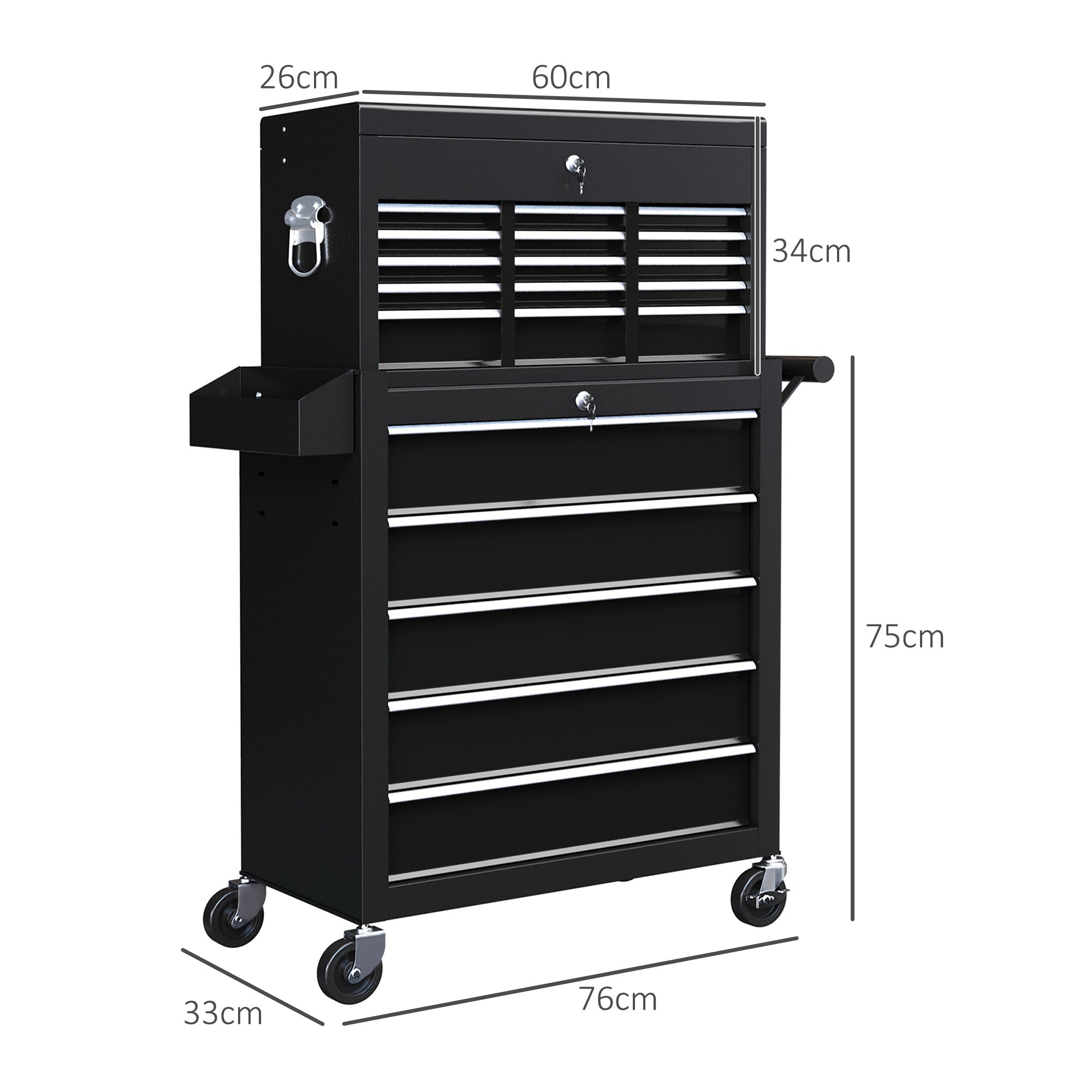 HOMCOM 19 Drawer, Two-Part Tool Storage Chest on Wheels - Black