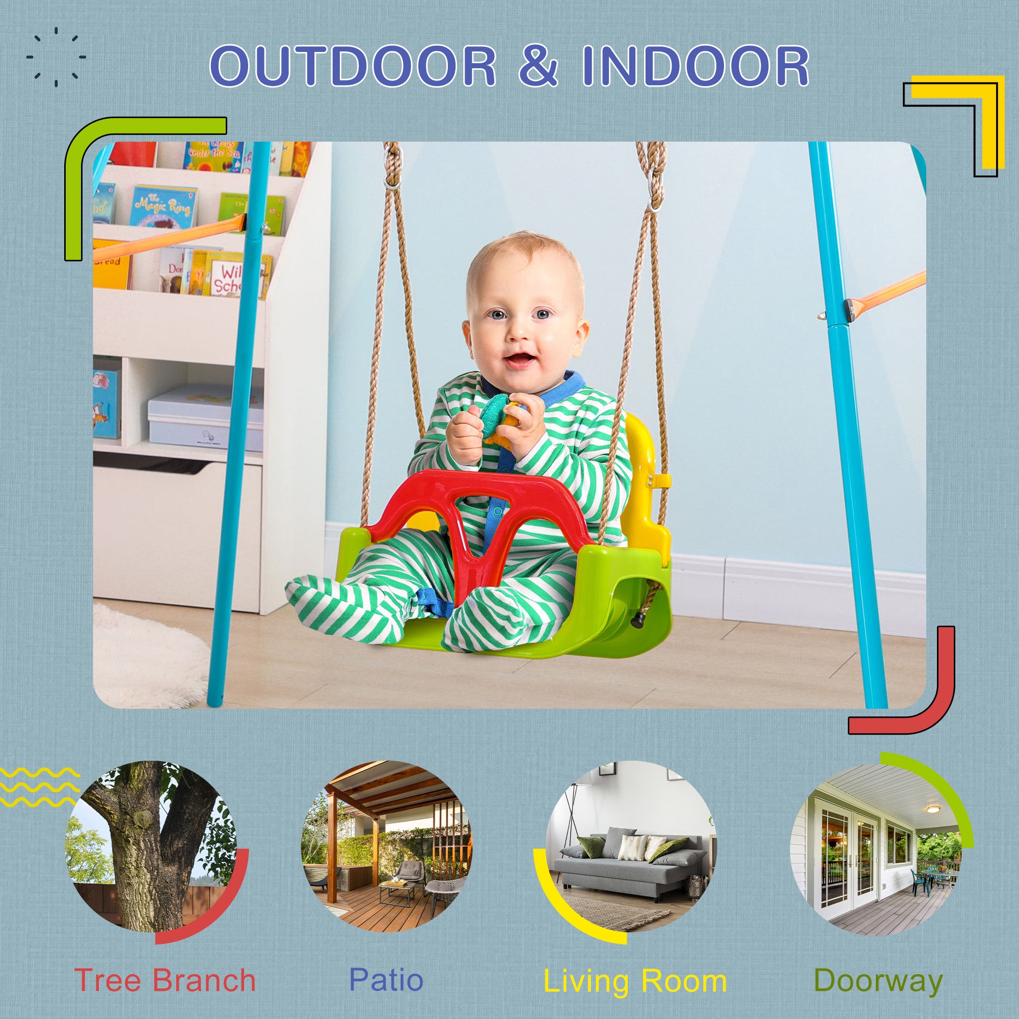 Outsunny 3 in 1 Detachable Kids Swing Seat with Safety Belt, Adjustable Rope for Indoor, Outdoor, Playground, Garden, Green