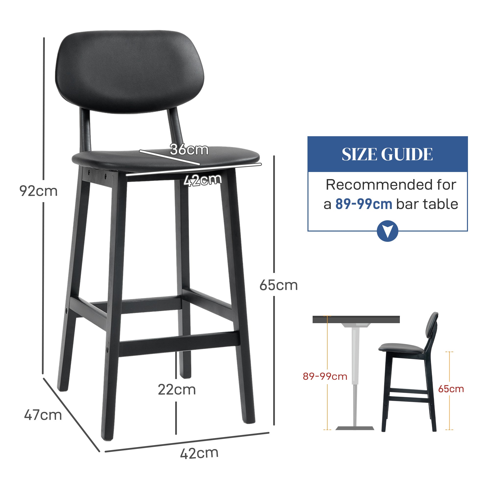 HOMCOM Set of Two Wooden Classic Bar Stools, with Faux Leather Seats - Black