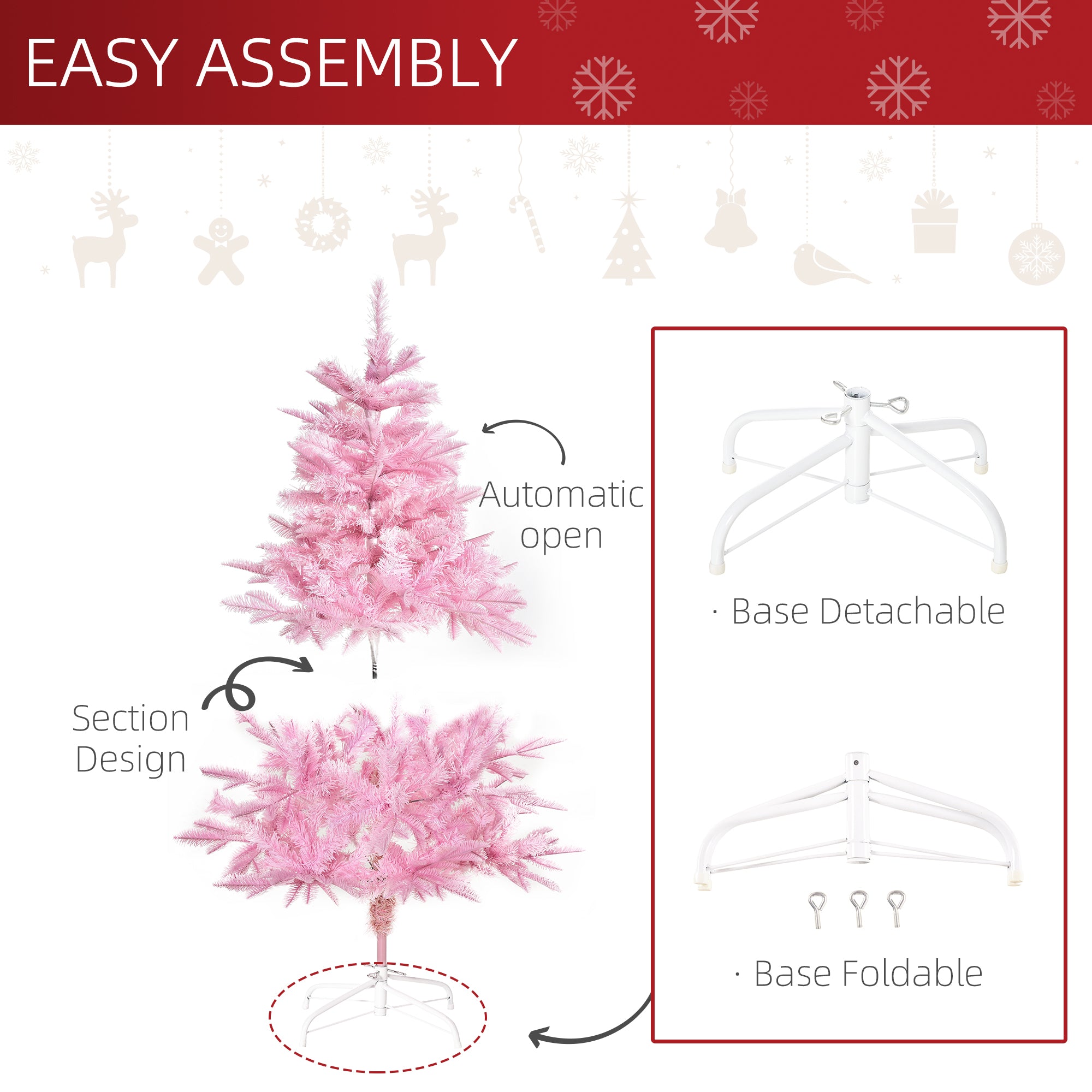 HOMCOM 4FT Artificial Christmas Tree Holiday Xmas Holiday Tree Decoration with Automatic Open for Home Party, Pink