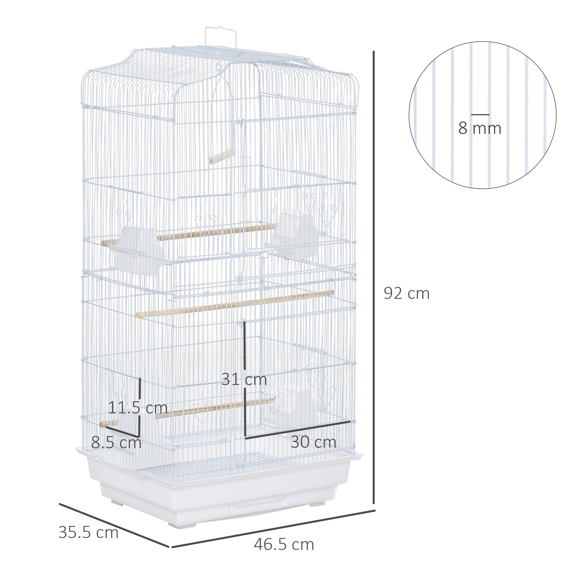 PawHut Large Metal Bird Cage with Perches, Food Bowls, Swing for Budgie, Parakeet, 46.5 x 35.5 x 92cm,White