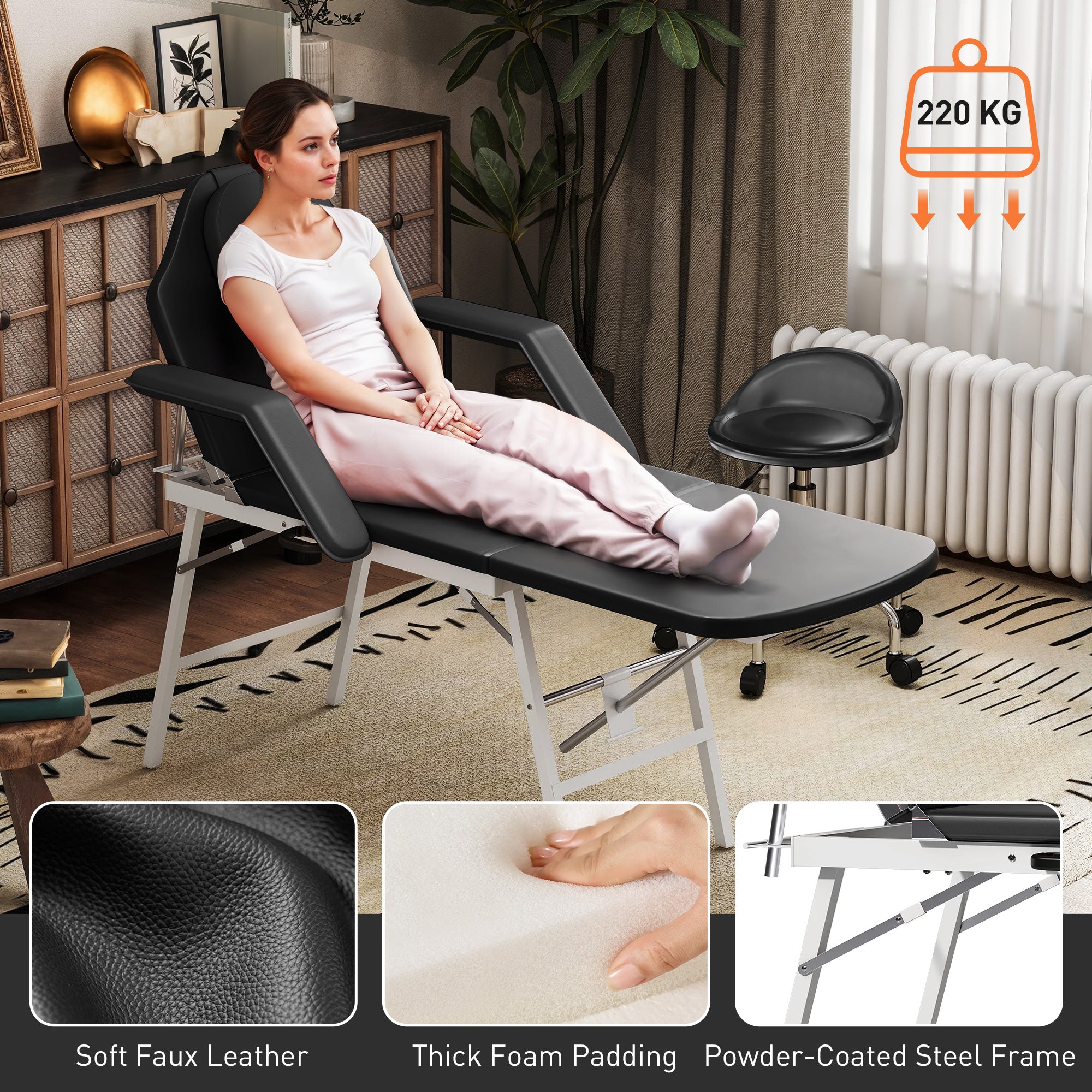 HOMCOM Portable Massage Table, 3 Section Adjustable Beauty Bed, Foldable Massage Bed with Face Hole, Recliner Chair with Removable Headrest and Armrests for Spa, Lash, Tattoo, Black