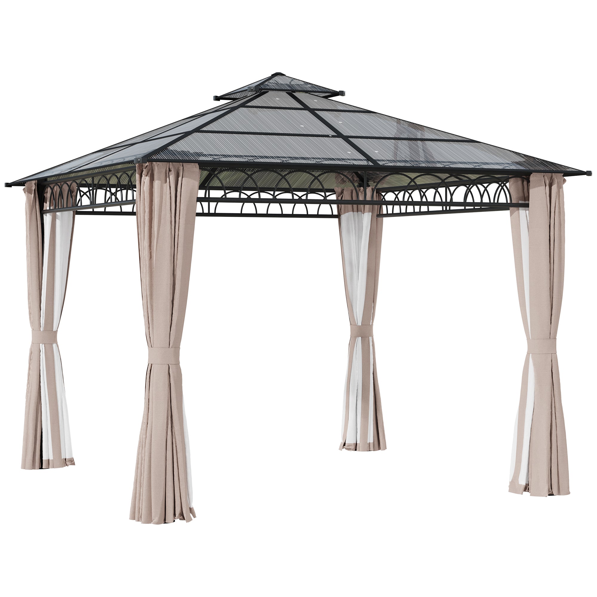 Outsunny 3 x 3 (m) Outdoor Polycarbonate Gazebo, Double\'c2\'a0Roof Hard Top Gazebo with\'c2\'a0Galvanised Steel Frame, Nettings\'c2\'a0&\'c2\'a0Curtains for Garden, Lawn, Patio and Deck, Khaki