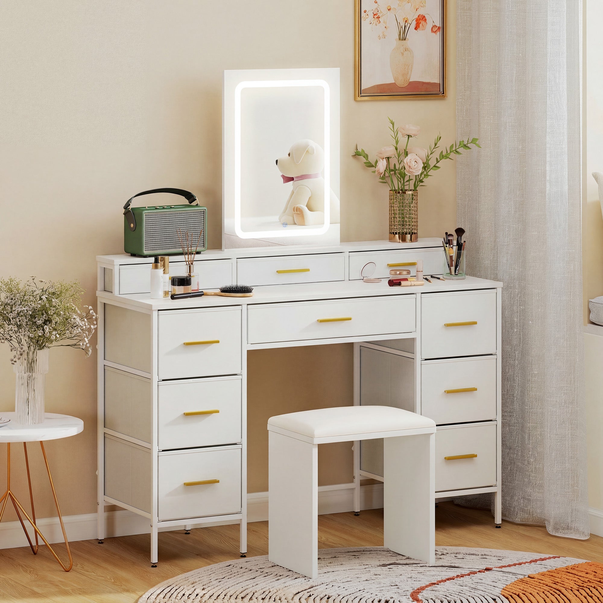 HOMCOM Multi-Storage Elegant Dressing Table, with LED Mirror - White