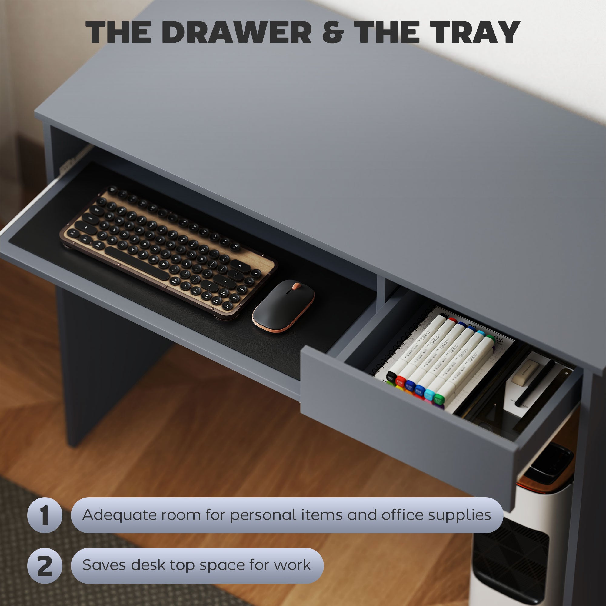HOMCOM Compact Computer Desk with Keyboard Tray, Home Office Desk with Drawer for Bedroom Study, Grey