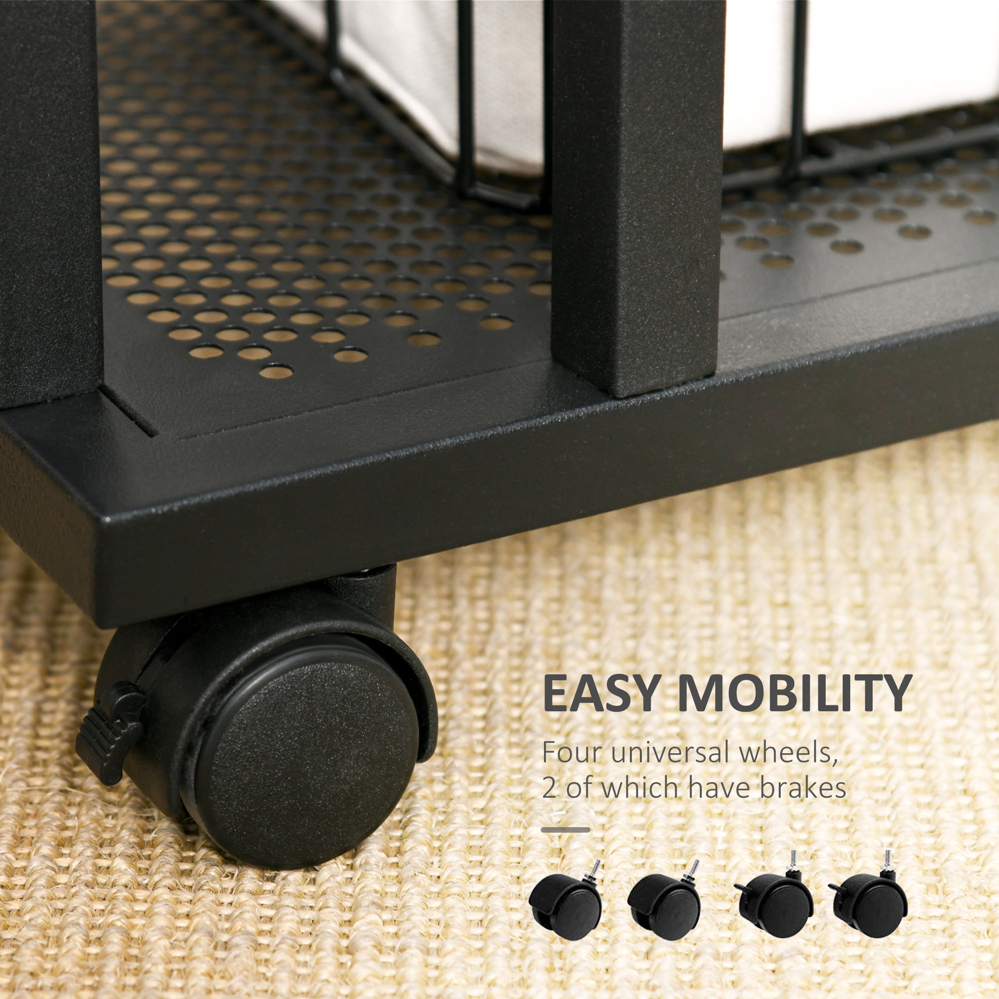 HOMCOM C Shaped Side Table Set of 2 with Wheels, Mobile End Table, Laptop Stand with Metal Frame and Storage Shelf, Rustic Brown