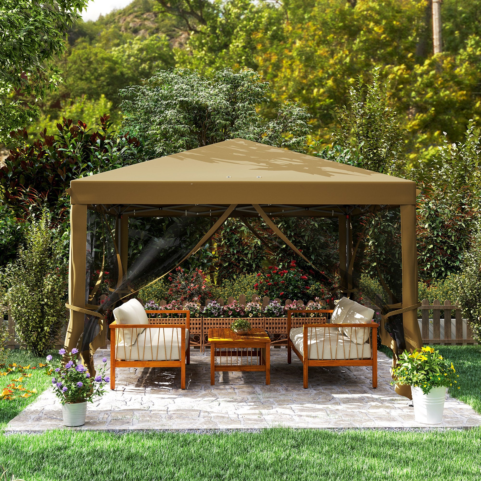 Outsunny 3 x 3\'c2\'a0m Pop Up Gazebo, 420D Garden Tent Canopy with Removable Mesh Sidewall Netting, Carry Bag for Garden Patio Outdoor, Khaki