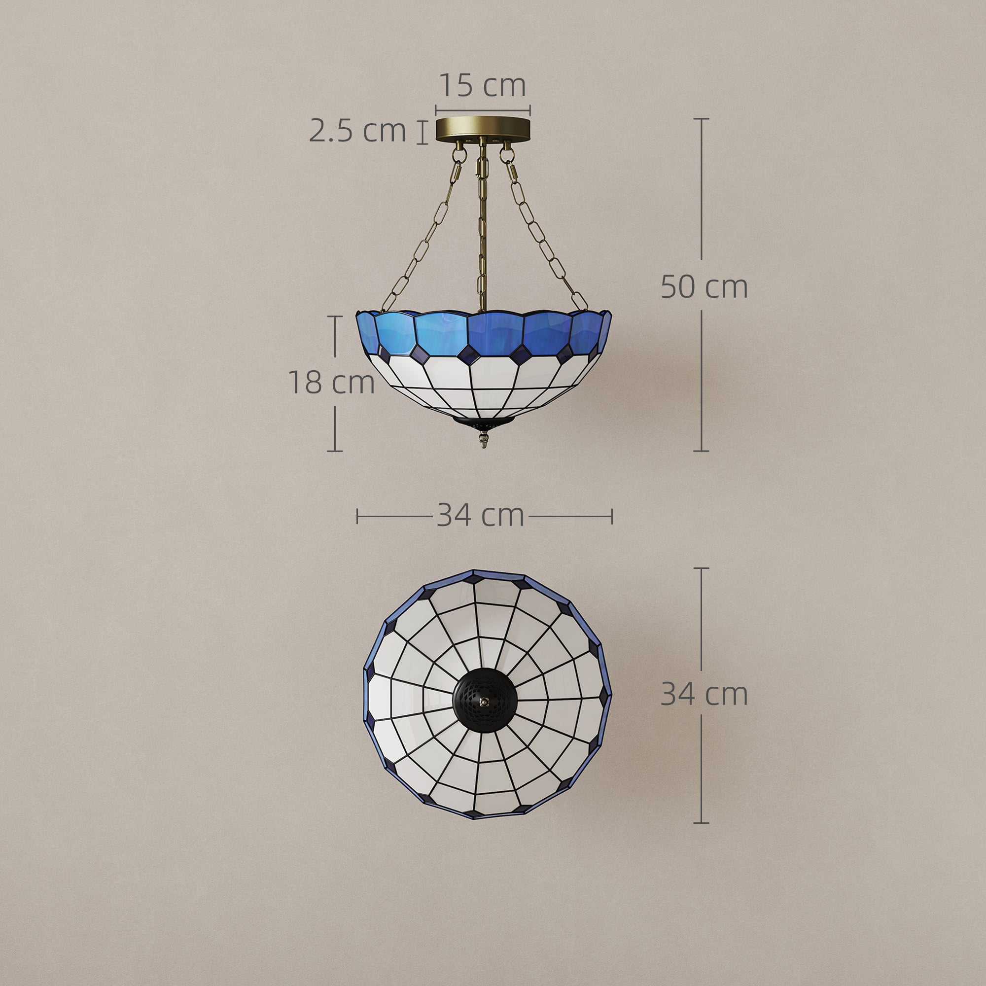 HOMCOM Tiffany Style Ceiling Light, Vintage Chandelier with 3 E27 Sockets, Semi Flush Mount for Living Room, Bulbs Not Included