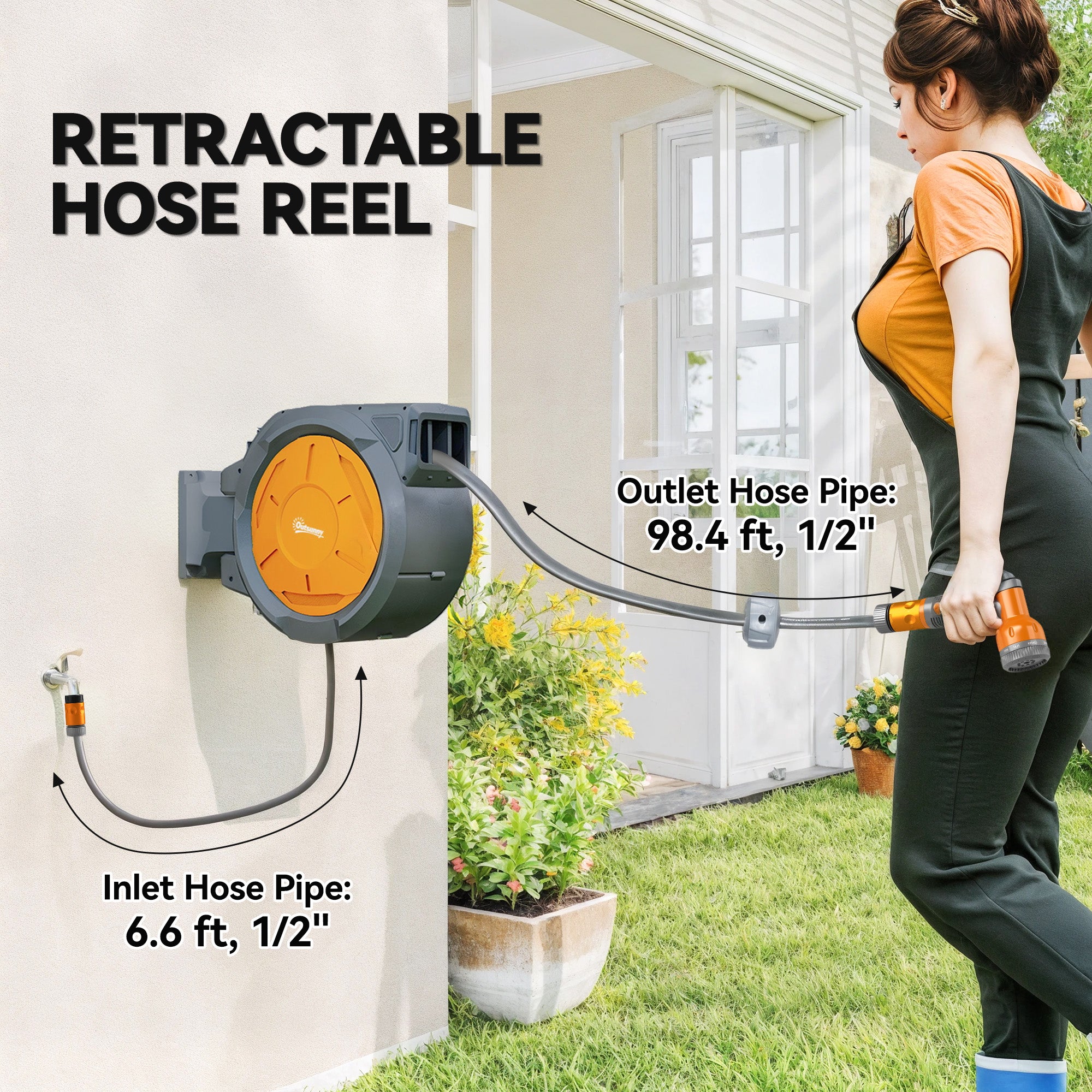 Outsunny Retractable Hose Reel Wall Mounted, 30+2m Garden Hose Pipe Reel with Lock, Auto Rewind, 7 in 1 Spray Nozzle, Includes Wall Fixings, 180° Swivel, Outdoor Watering, Orange
