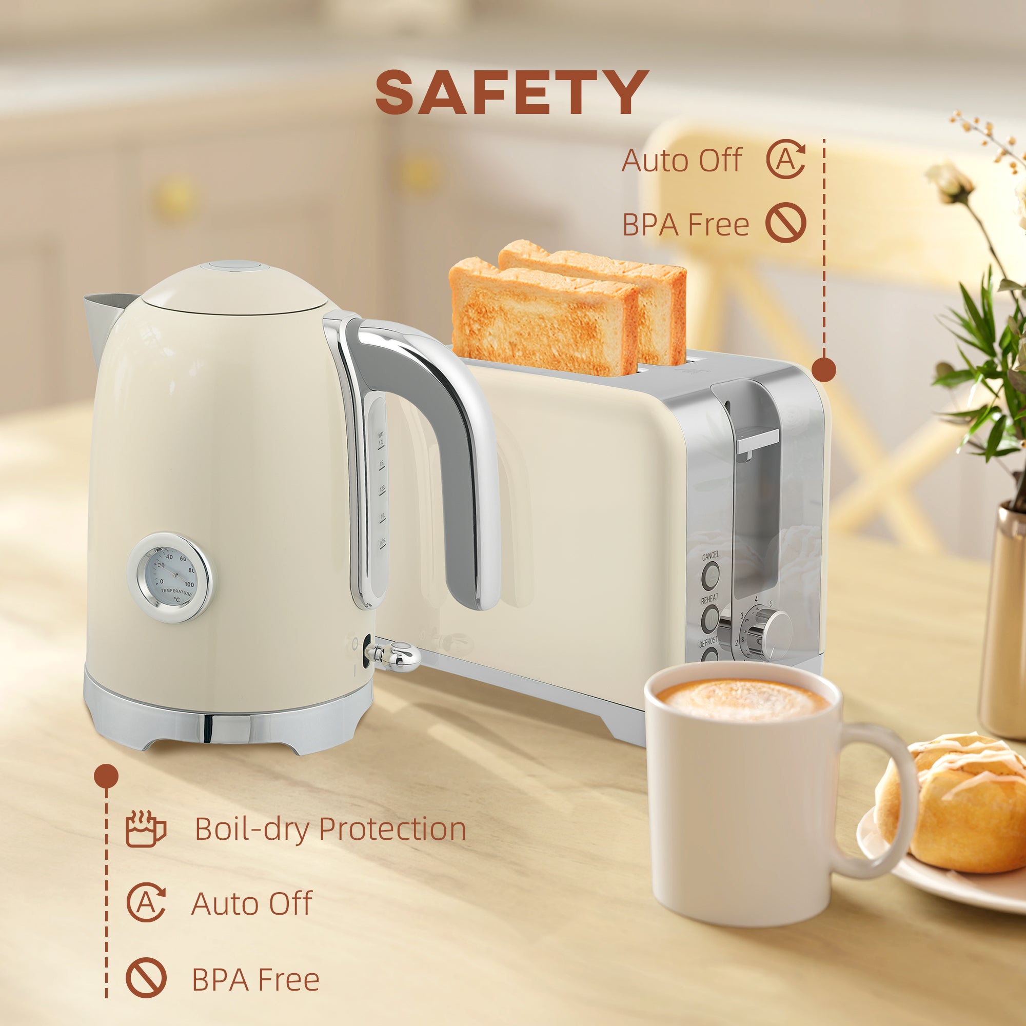 HOMCOM Retro Toaster and Kettle Set - Cream