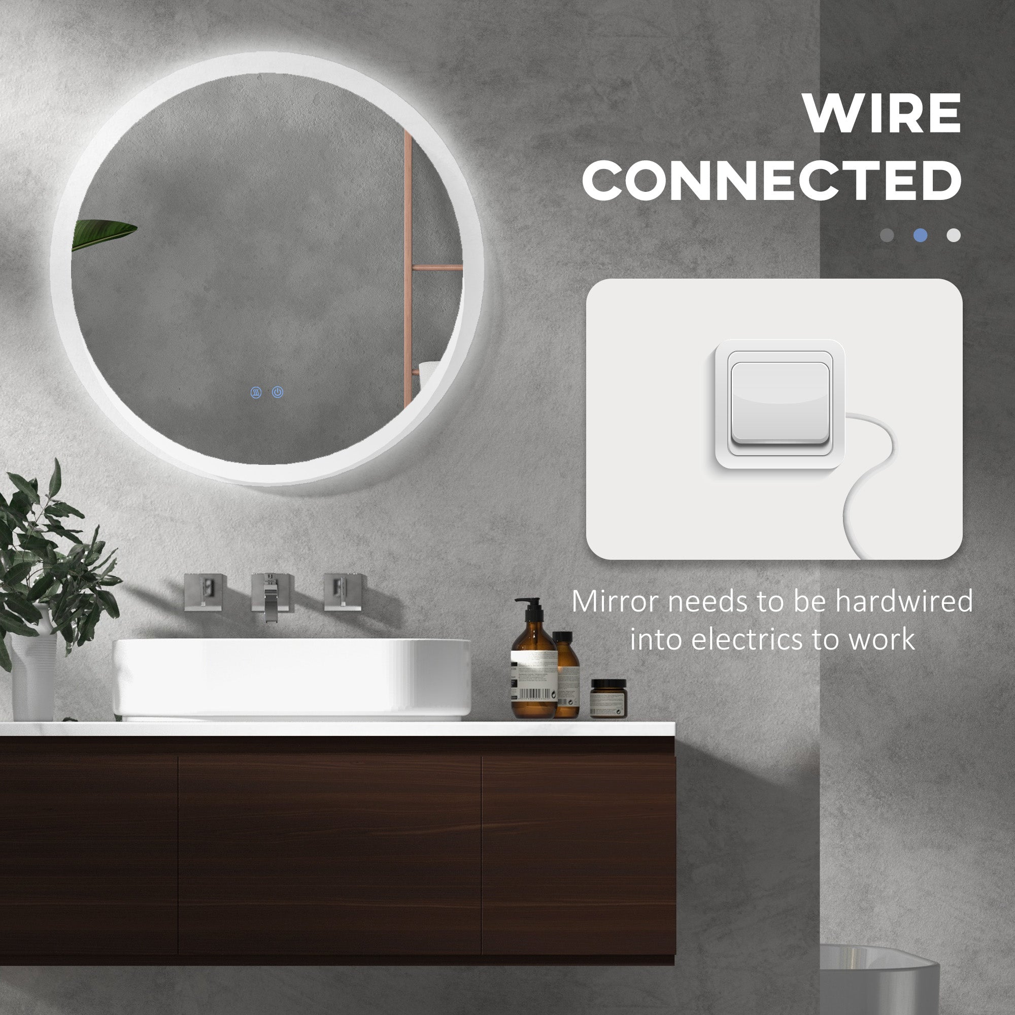 kleankin Round Bathroom Mirror with LED Lights, Wall-Mounted Dimmable Makeup Mirror with 3 Temperature Colours, Defogging Film, Memory Function, Hardwired, 60 x 60\'c2\'a0cm
