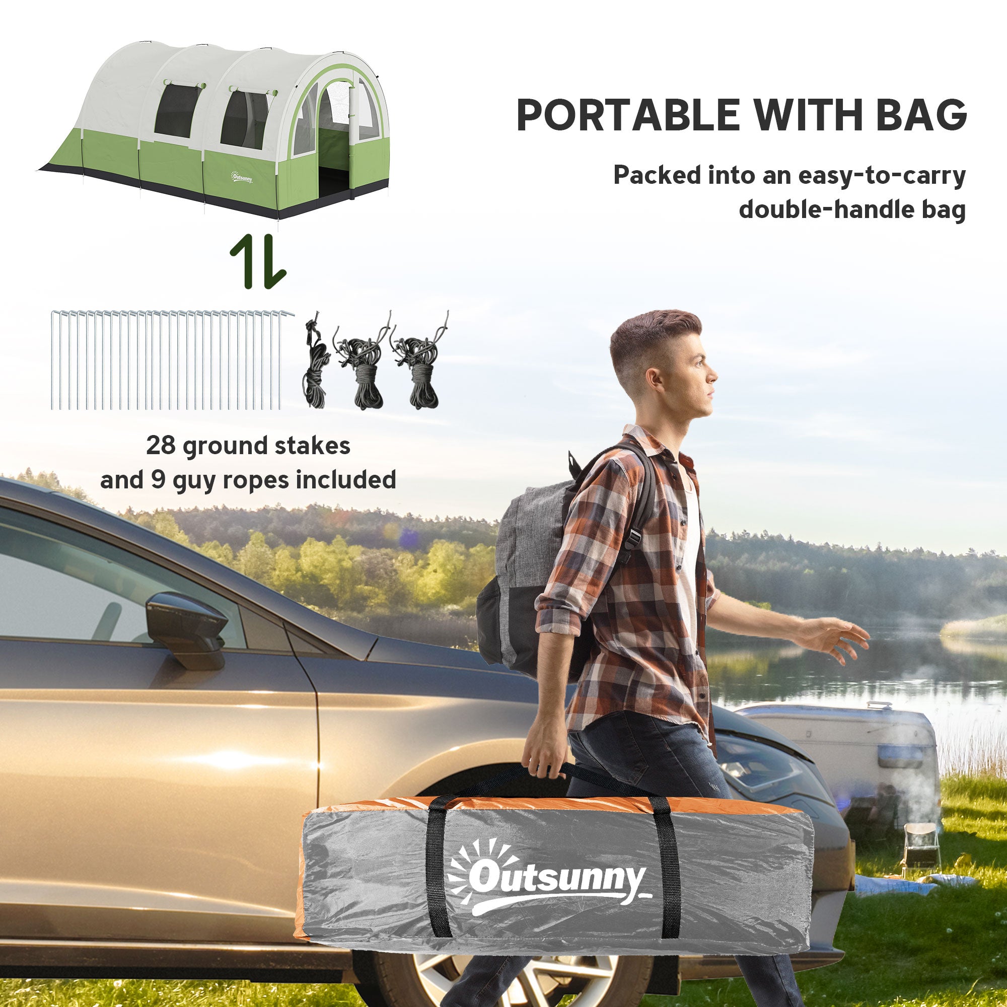 Outsunny 3000mm Waterproof Camping Tent, 5-6 Man Family Tent with Living and Bedroom, Carry Bag Included, Cream and Green