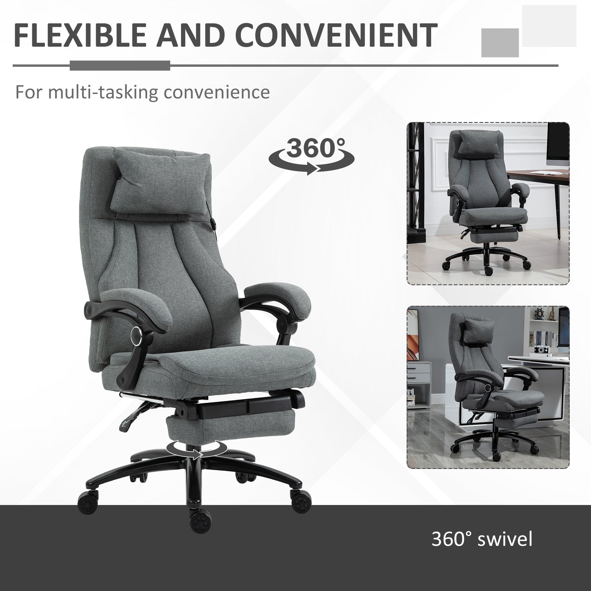 Vinsetto Office Chair, Fabric Desk Chair with Adjustable Massage Pillow, USB Power and Retractable Footrest, High Back, 360\'c2\'b0 Swivel, for Home, Grey