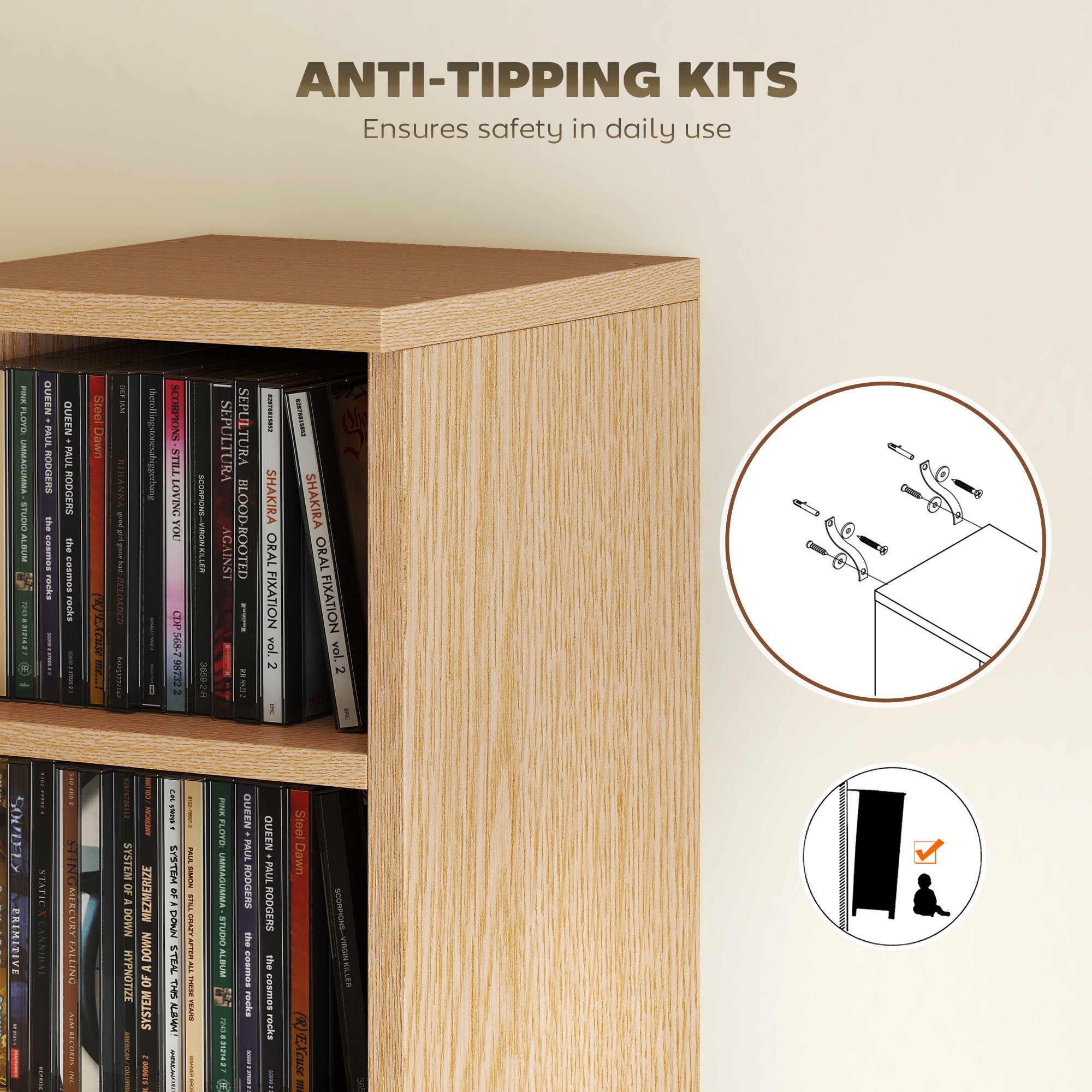 HOMCOM Set of 2 CD Media Display Shelf Unit Tower Rack with Adjustable Shelves, Natural