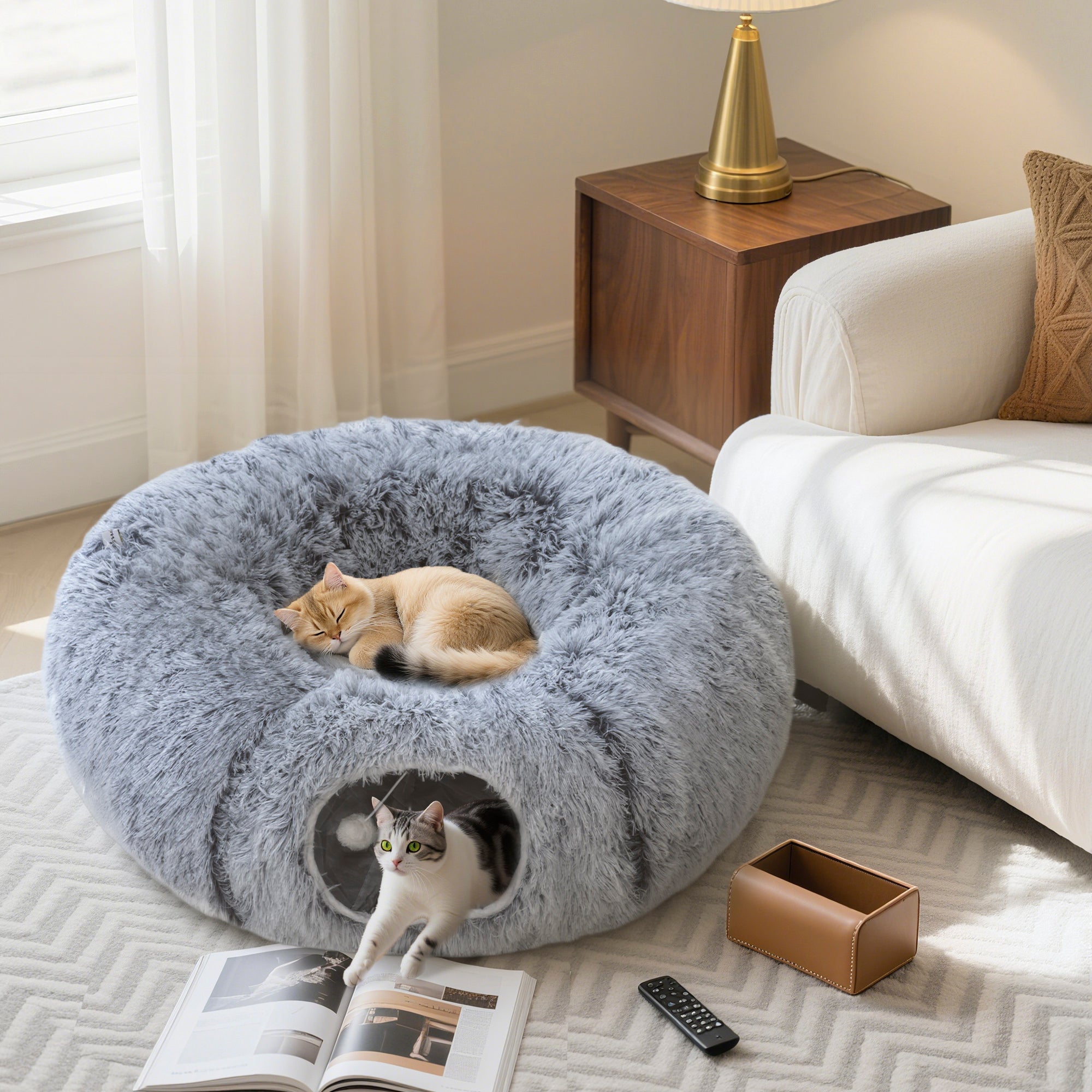 PawHut 2-in-1 Donut Cat Tunnel with Washable Bed, Play Tunnel Bed with Toy Ball and Door Hole for Indoor Cats, Light Grey