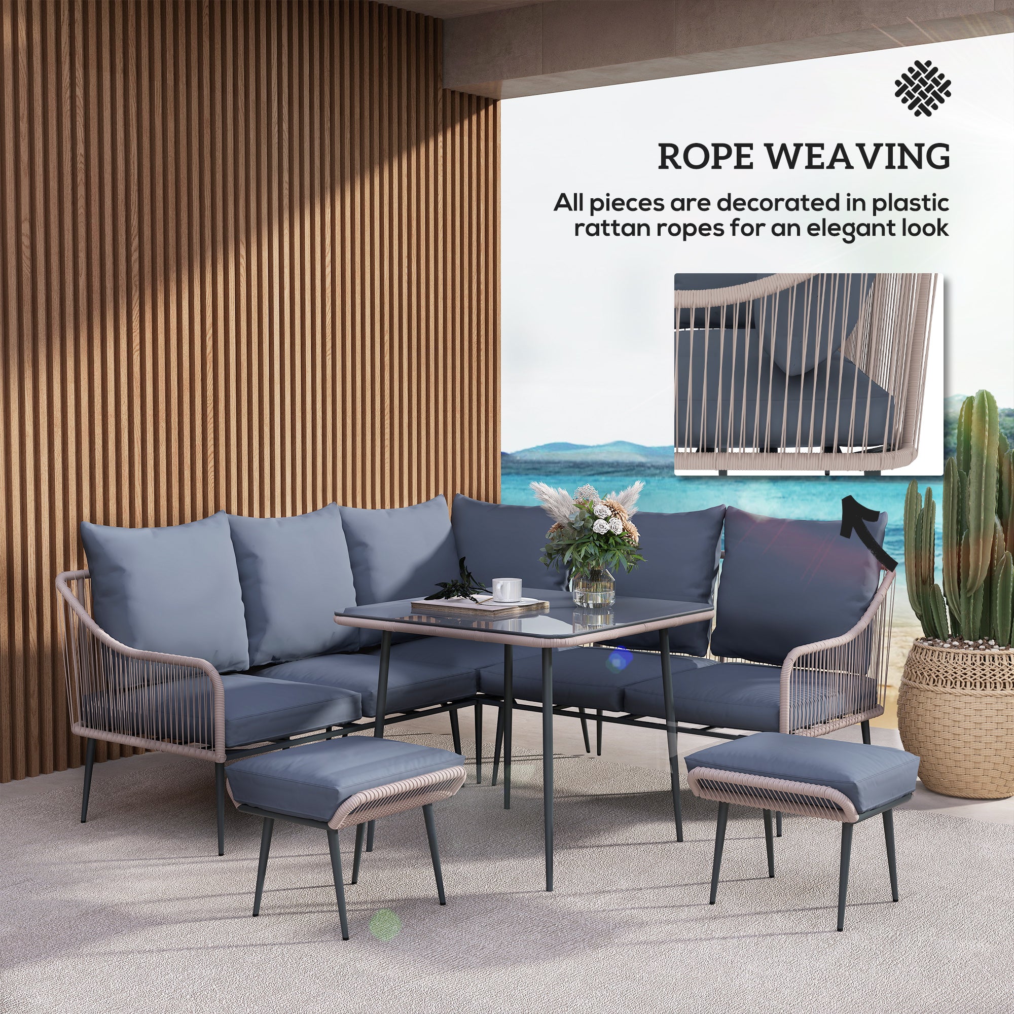 Outsunny Six-Piece Rattan Strong Garden Sofa Set - Brown/Grey