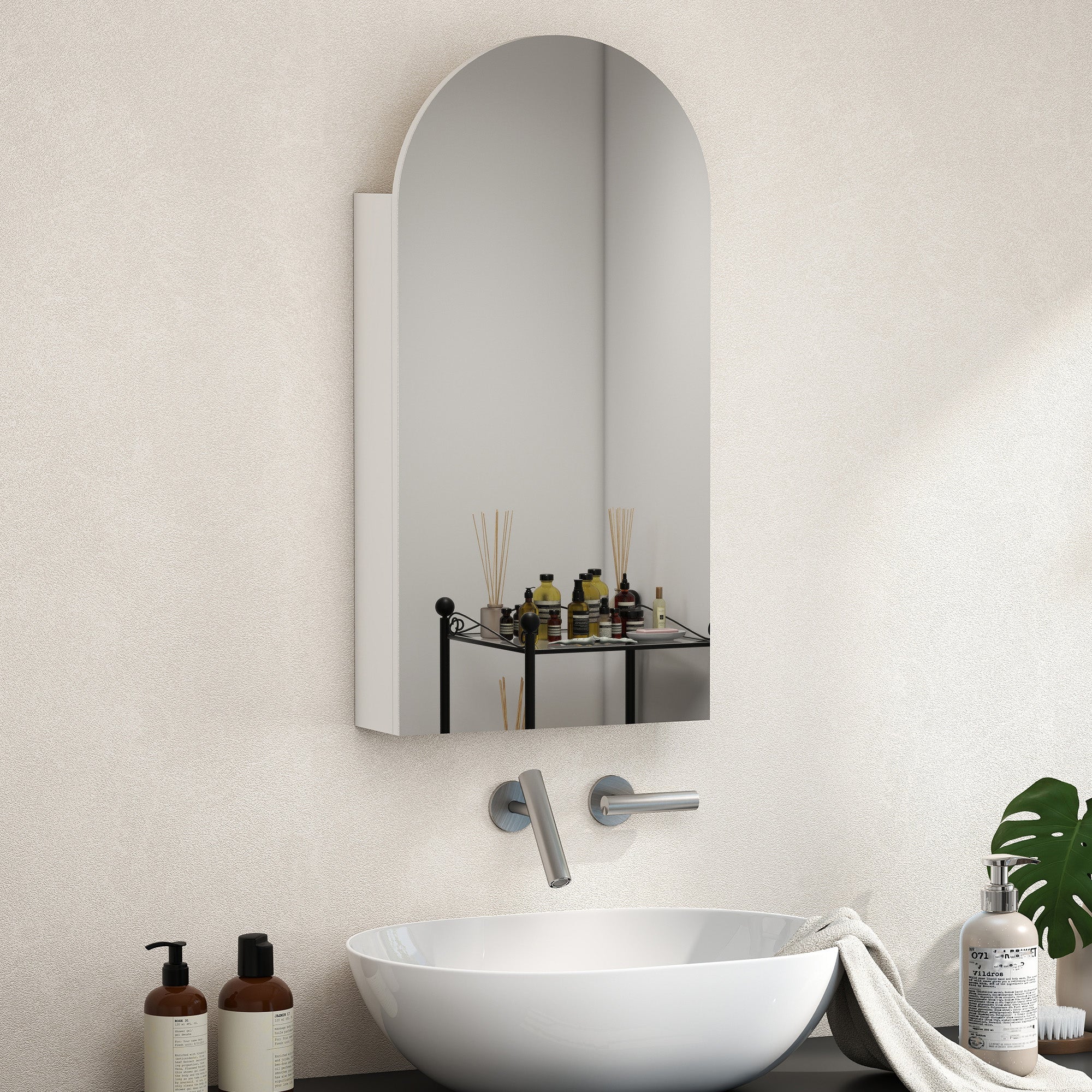 HOMCOM Arched Bathroom Mirror Cabinet with Adjustable Glass Shelves - White