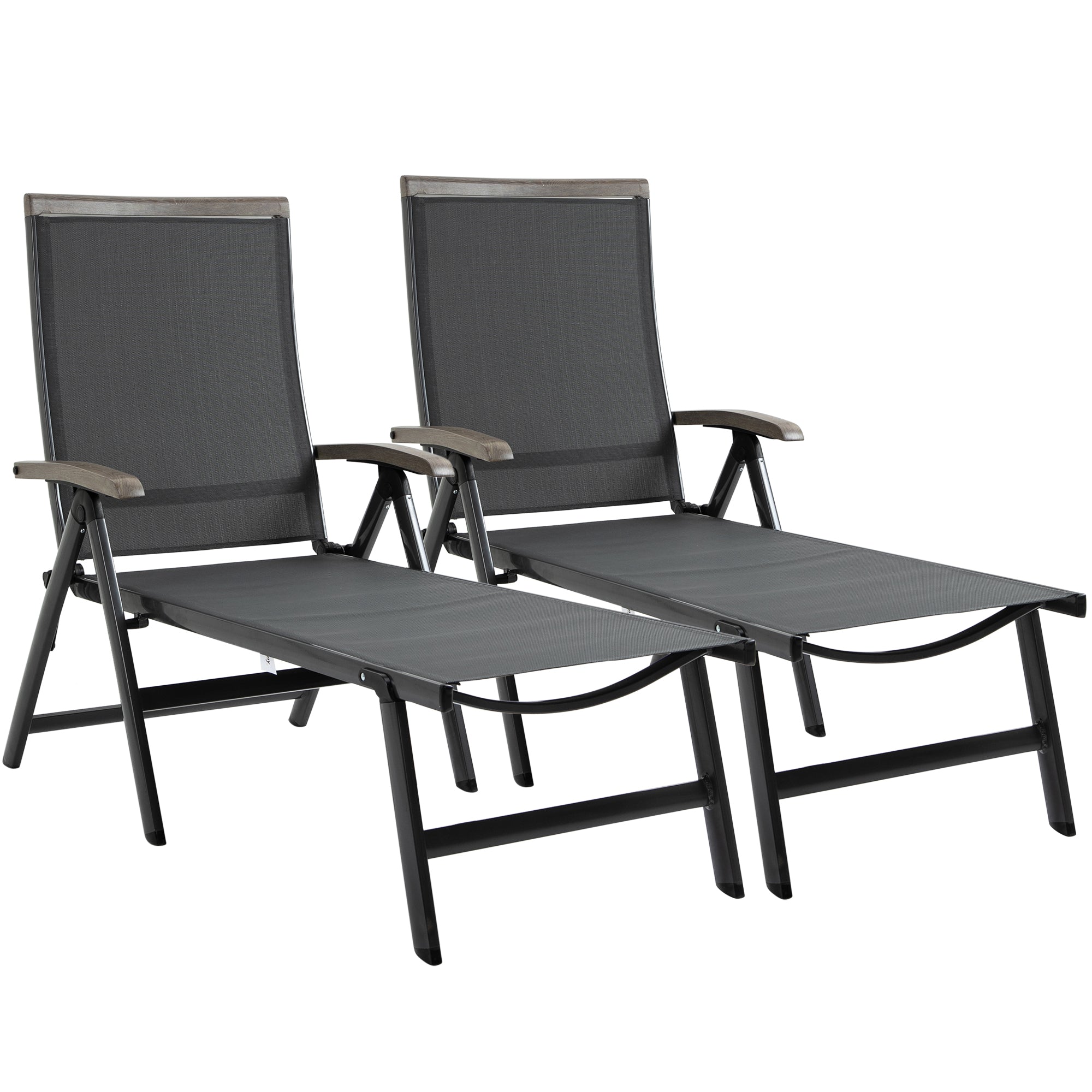 Outsunny Set of 2 Outdoor Folding Sun Loungers, 5-Position Adjustable Chaise Lounge Chairs with Aluminium Frame for Patio, Garden, Grey