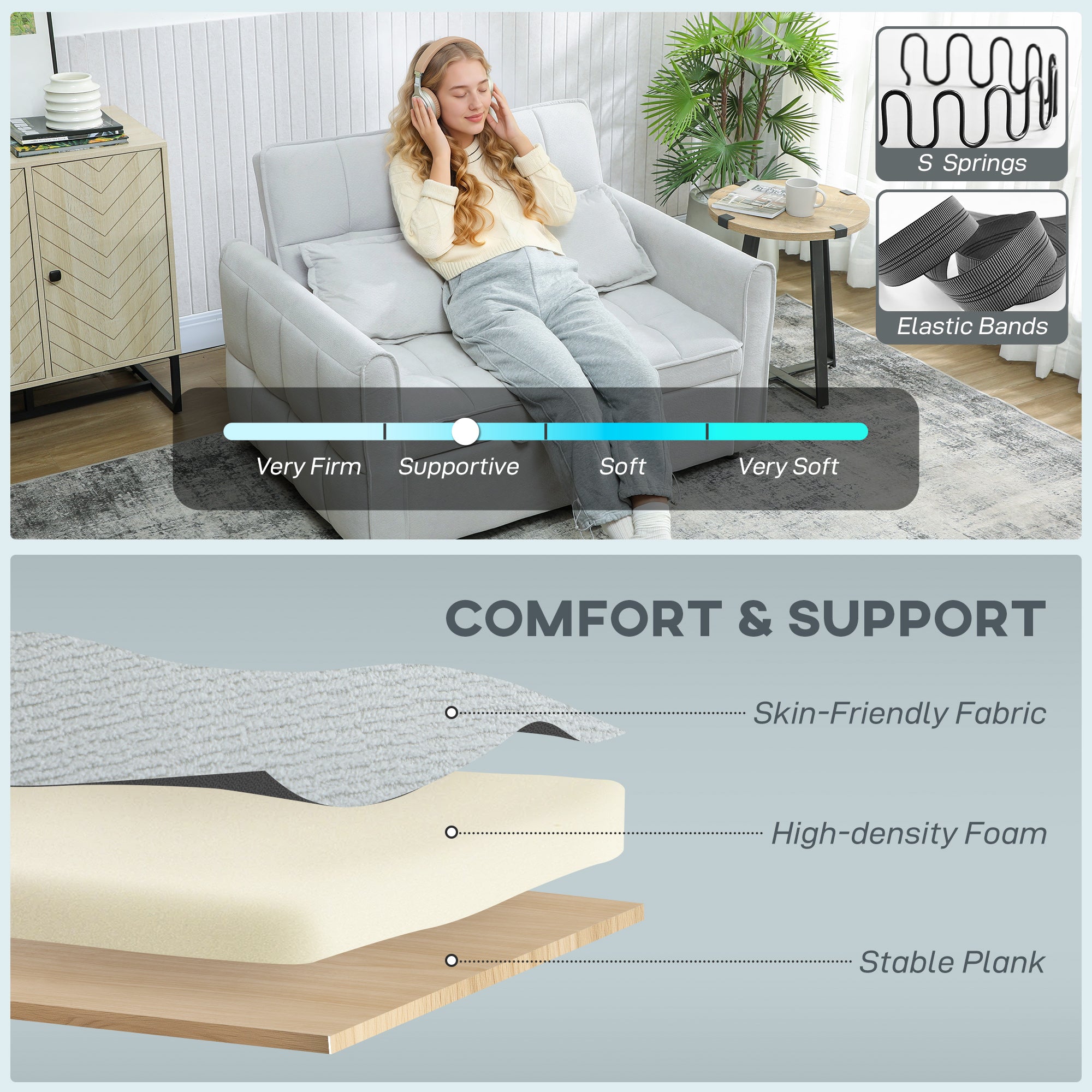 HOMCOM 2 Seater Sofa Bed, 3-in-1 Convertible Sleeper Sofa with Click-clack Adjustable Backrest and 2 Pillows, Light Grey