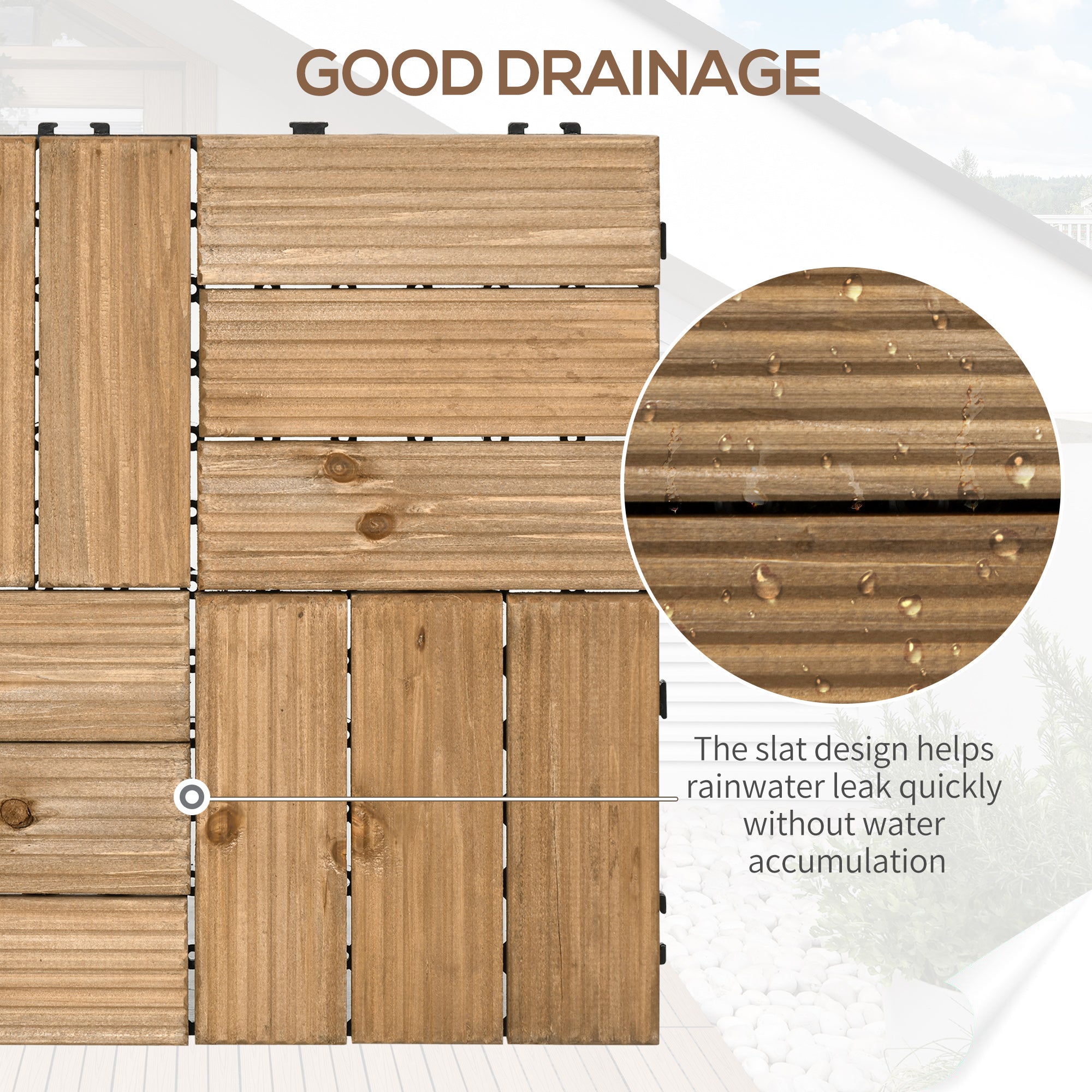 Outsunny 27 Pcs Wooden Interlocking Decking Tiles, Outdoor Flooring Tiles for Patio, Balcony, Terrace, Hot Tub, 30 x 30 cm per Piece, 2.5\'e3\'8e\'a1 per Pack, Brown