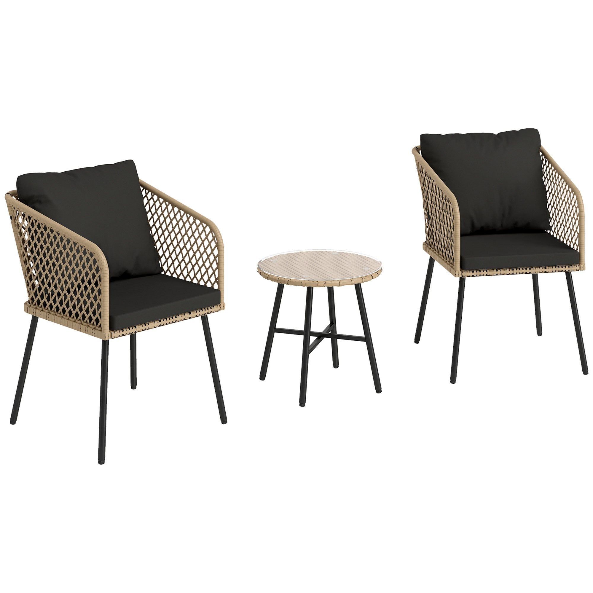 Outsunny 3 Piece Rattan Bistro Set with 2 Chairs, Tempered Glass Table, Cushions, Adjustable Foot Pads, Nature Wood Finish