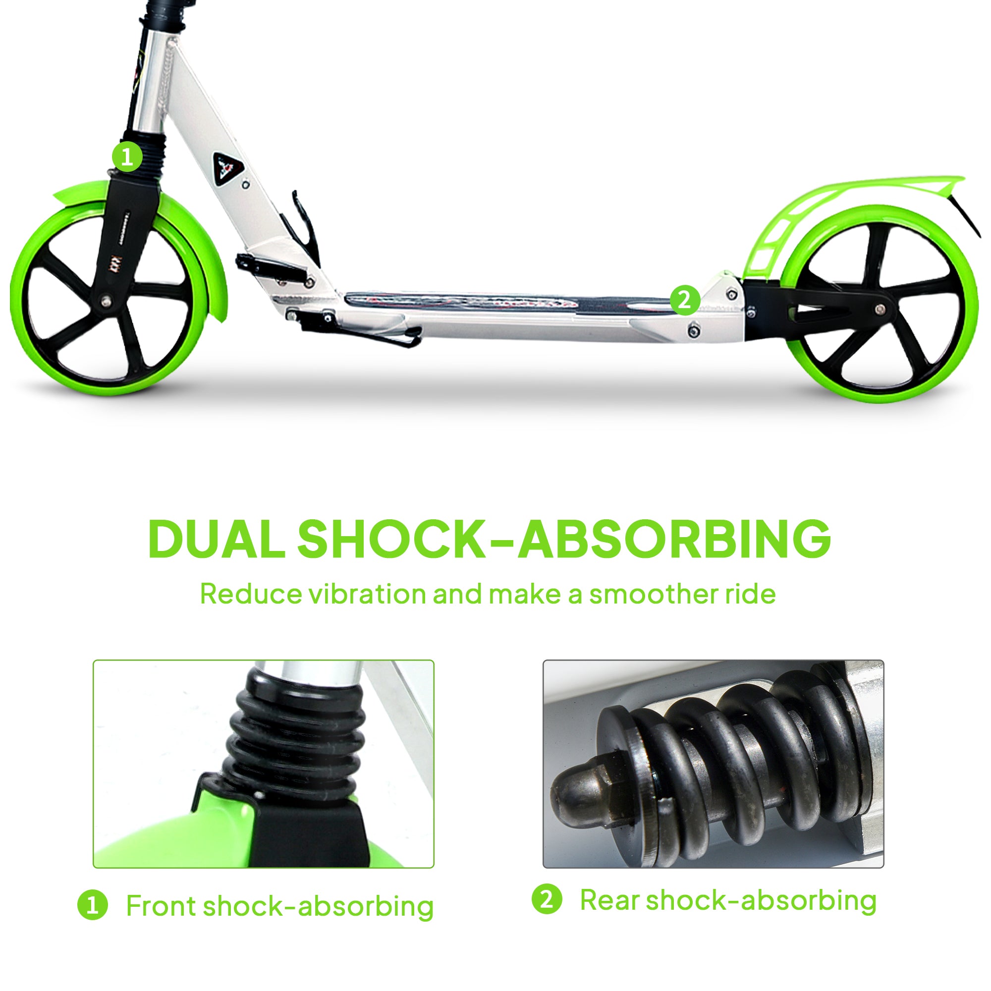 HOMCOM Folding Kick Scooter, Adjustable Ride On Scooter with 200mm Big Wheels and Double Shock Absorption, Urban Scooter for 14+ Teens Adult, Green