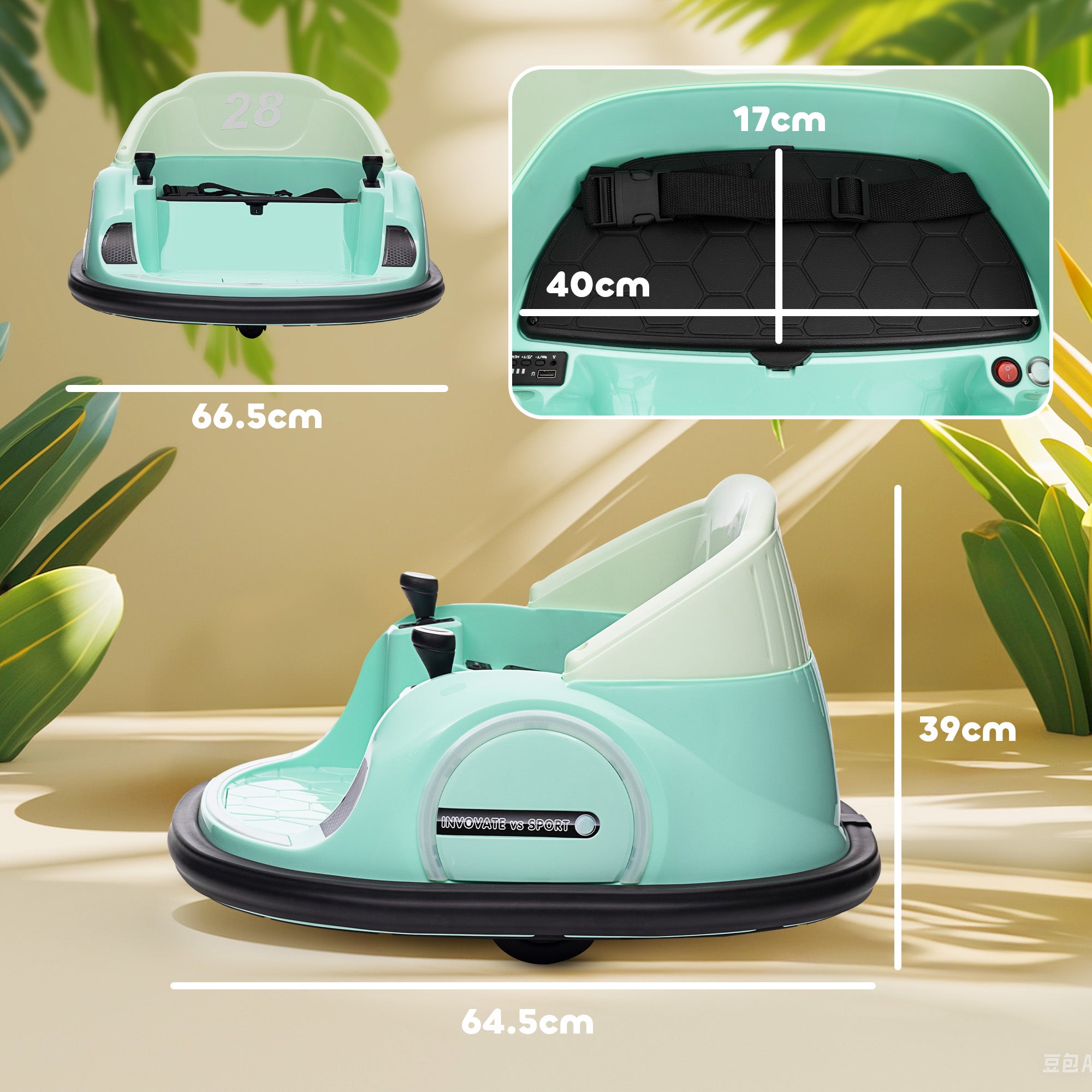 AIYAPLAY 360\'c2\'b0 Rotation Kids Bumper Car, 12V Waltz Car with Remote Control, Dual Joystick, Music, Lights, Green