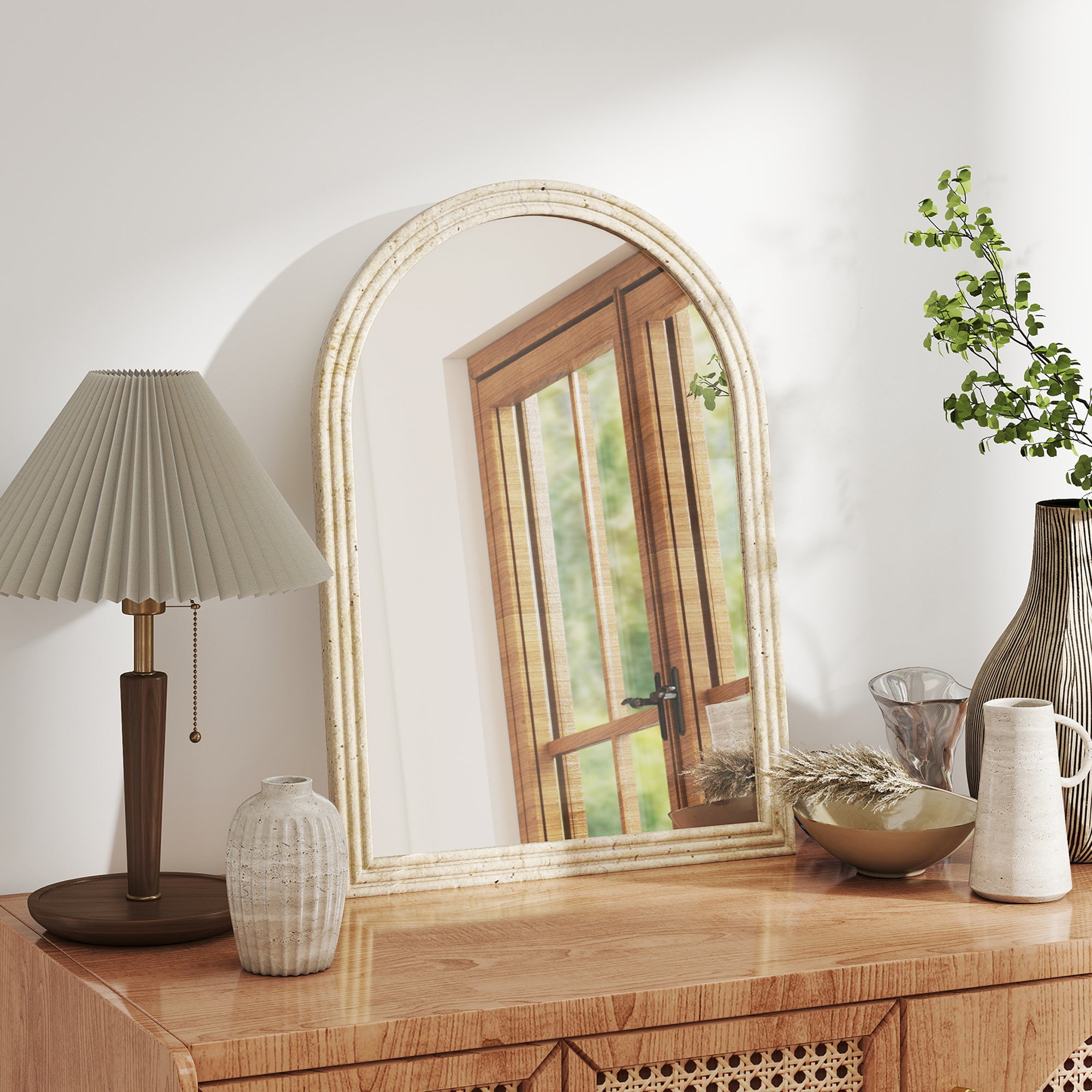HOMCOM Arched Wall Mirror with Grooved Edge & Hooks, Wall-Mounted Mirror, Modern Tempered Glass & Polystyrene Beige