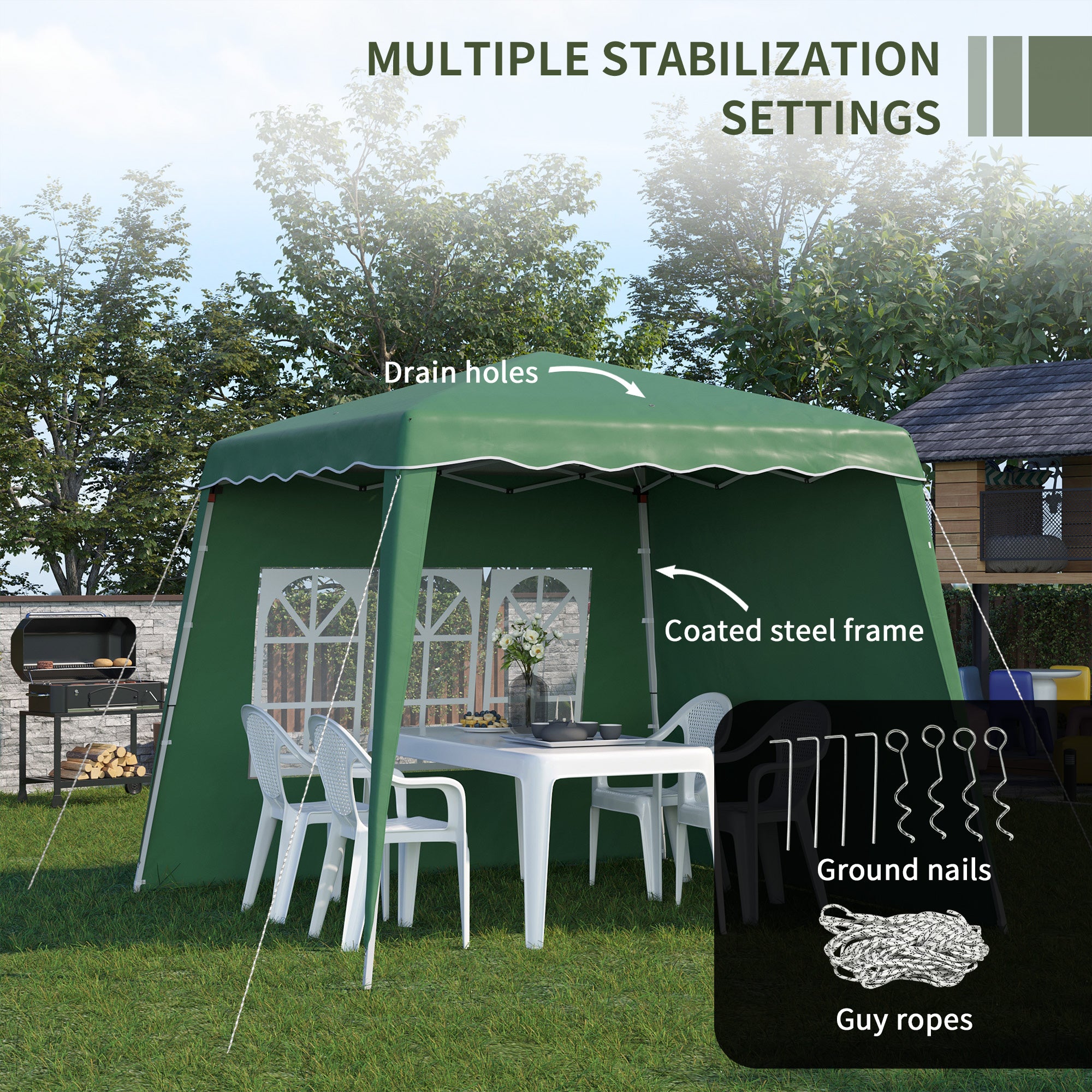 Outsunny 2.9 x 2.9m Pop Up Gazebo Canopy Tent with 2 Sidewalls and Carry Bag, Height Adjustable, UV50+ Party Tent Event Shelter for Garden, Patio, Green