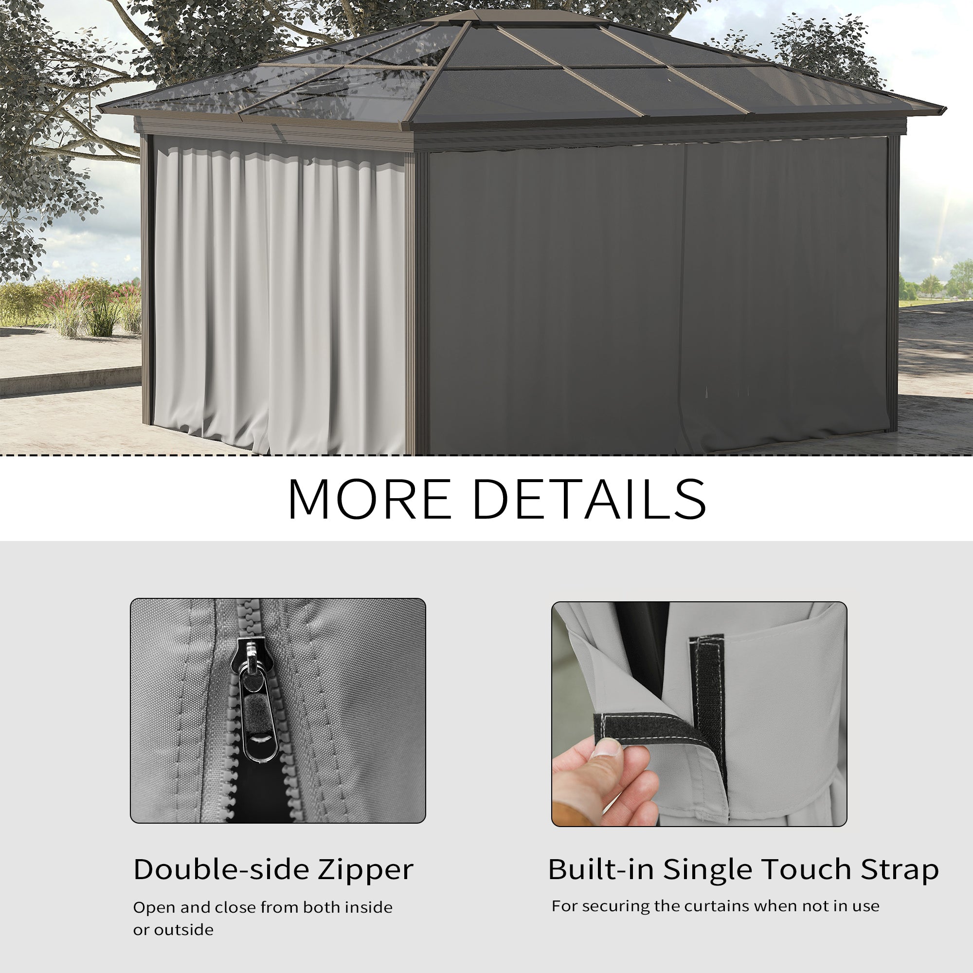 Outsunny Replacement Gazebo Curtains, 4-Panel Gazebo Side Panels Only, for 3 x 3 (M) Gazebos or Pergolas, Hooks/C-Rings Included, Light Grey