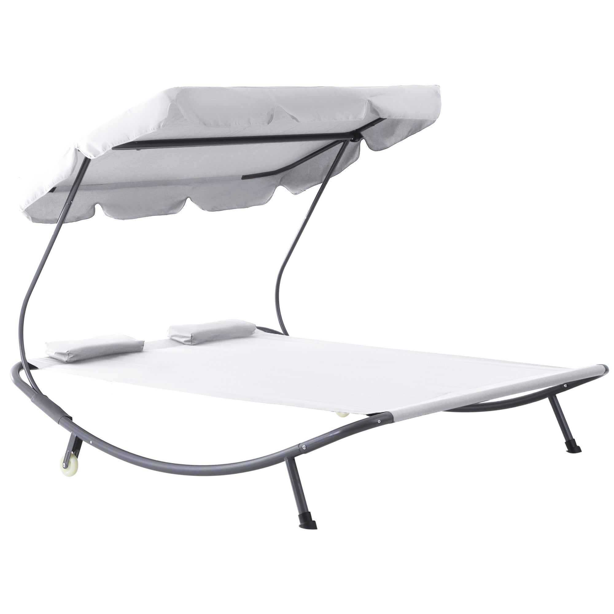 Outsunny Double Hammock Sun Lounger Bed with Canopy Shelter, Wheels & 2 Pillows, White
