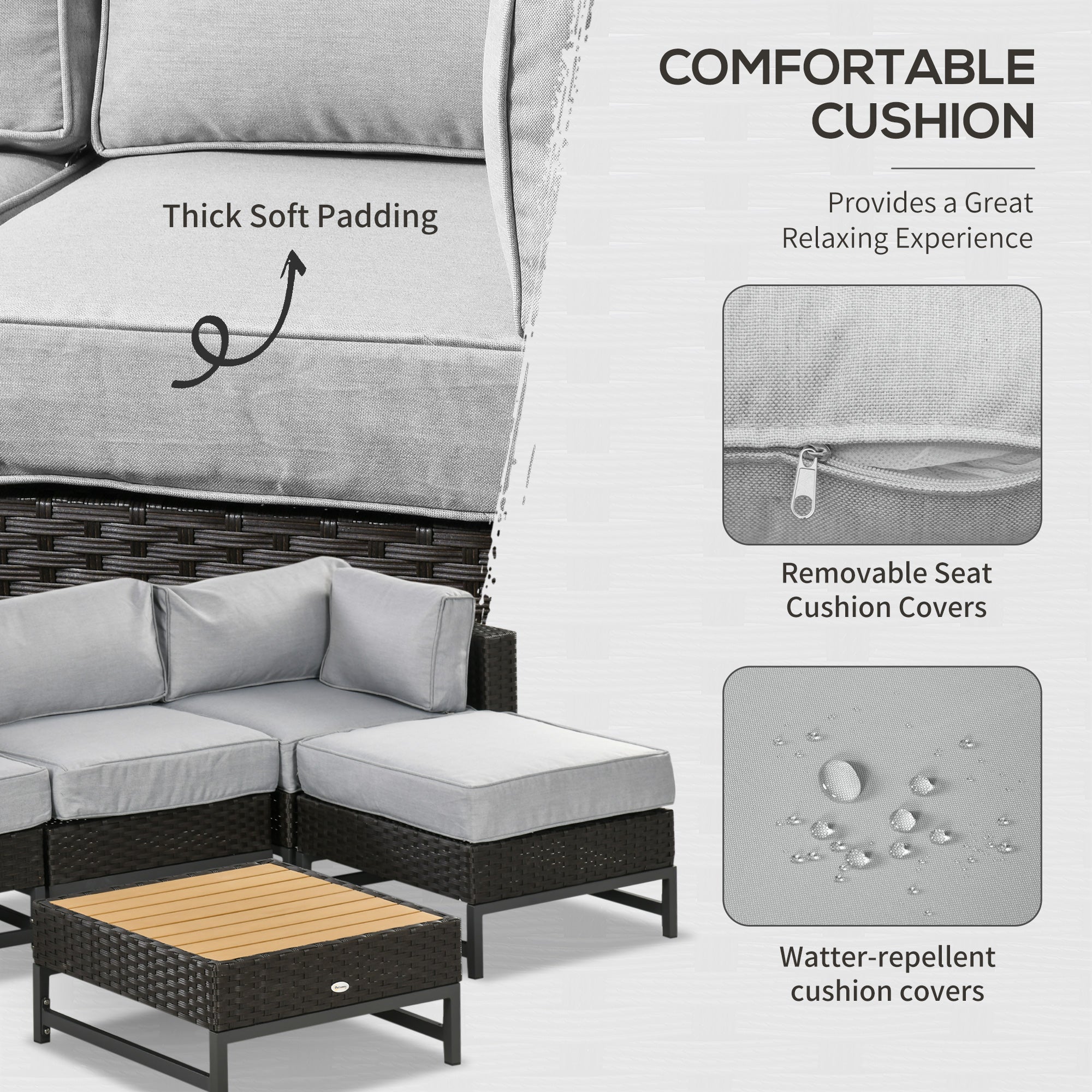 Outsunny 5 Piece Outdoor PE Rattan Corner Sofa Set with Cushions, Wicker Rattan Garden Furniture  with Wood-Effect Top Table, Brown