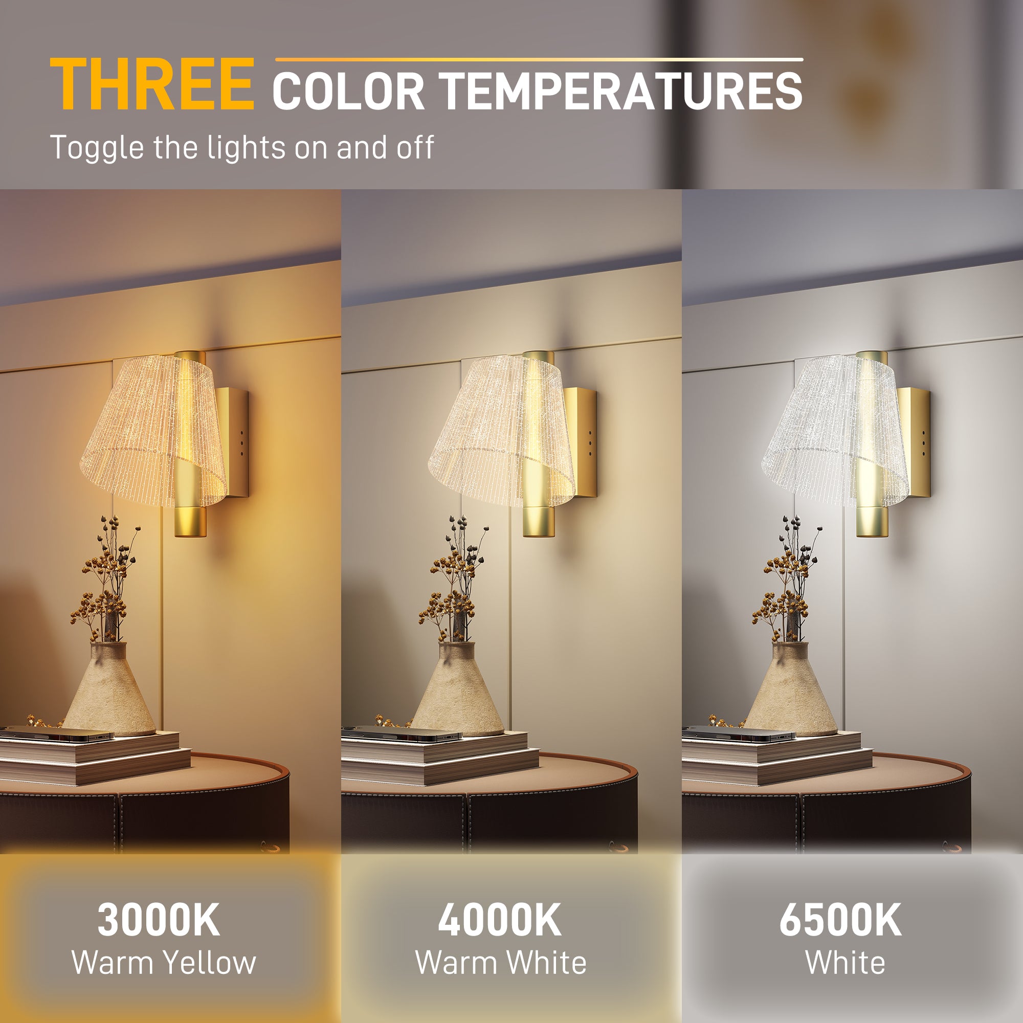 HOMCOM Led Wall Lamp 2 Pack, 5W Modern Indoor Starry Wall Light, Colour Temperature Adjustable 3000K/4000K/6500K, for Bedroom, Living Room, Hallway, Stairs, Gold Tone