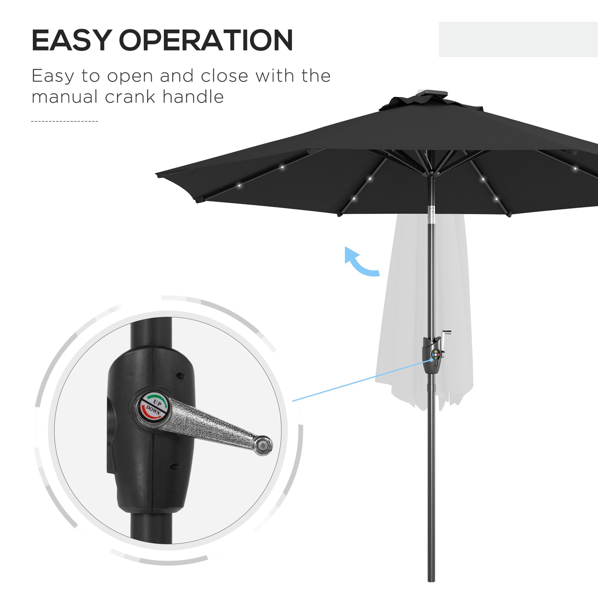 Outsunny \'ce\'a62.7m Garden Parasol Solar Outdoor Tilt Sun Umbrella Patio Sun Shade w/ 24 LED Light, Hand Crank and 8 Ribs, Black